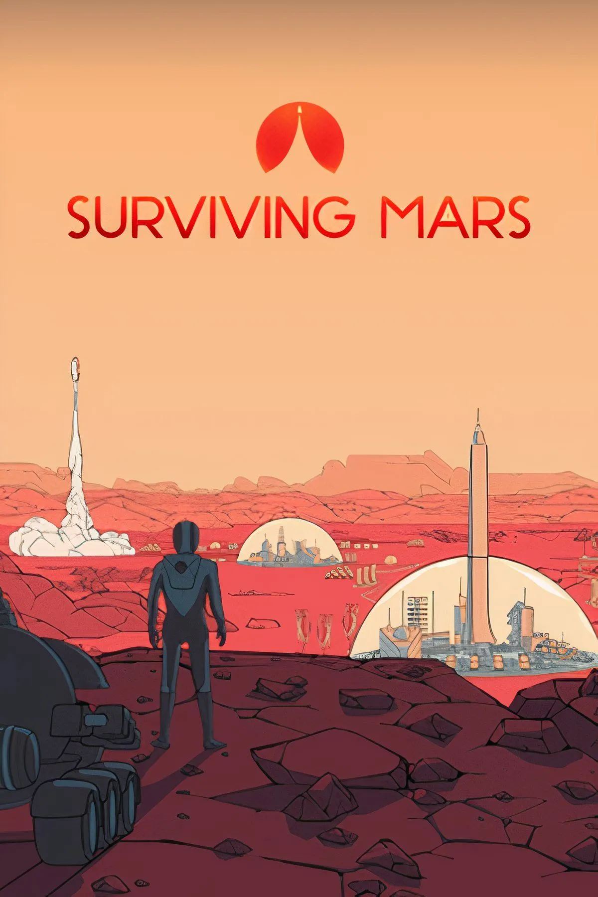 Khu định cư hiện đại với các mái vòm và công trình trên bề mặt Sao Hỏa trong Surviving Mars