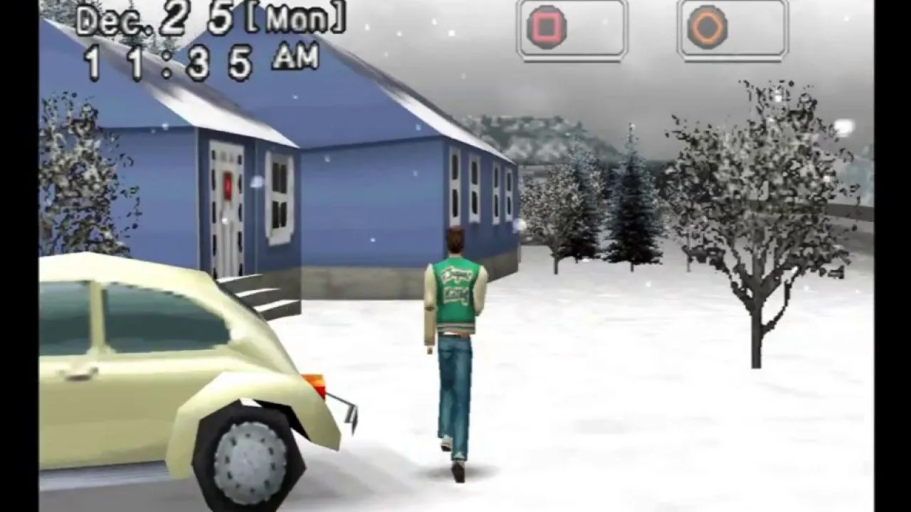 Khu vực tuyết phủ trong game Mizzurna Falls trên PS1, với ngôi nhà và xe hơi