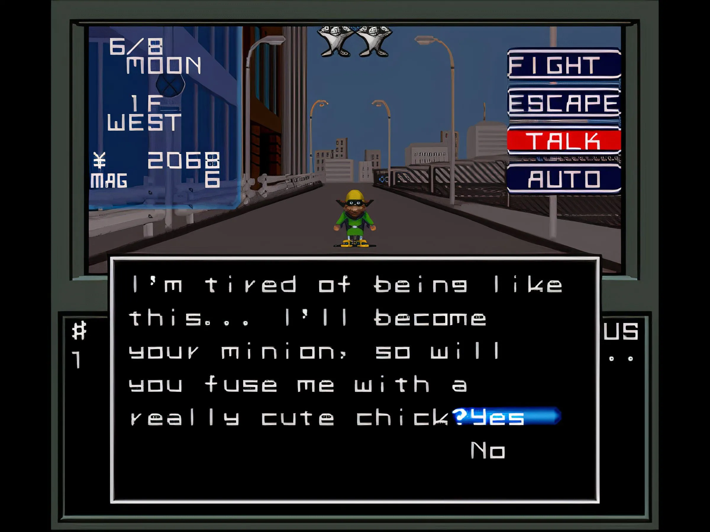 Khung cảnh một thị trấn trong Shin Megami Tensei với đồ họa pixel art đặc trưng của game JRPG cổ điển