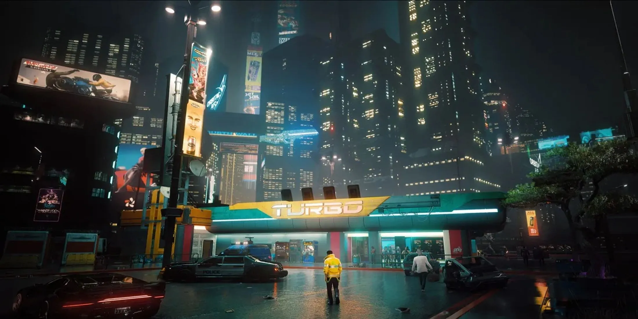 Khung cảnh Night City đầy ánh đèn neon và kiến trúc tương lai trong Cyberpunk 2077
