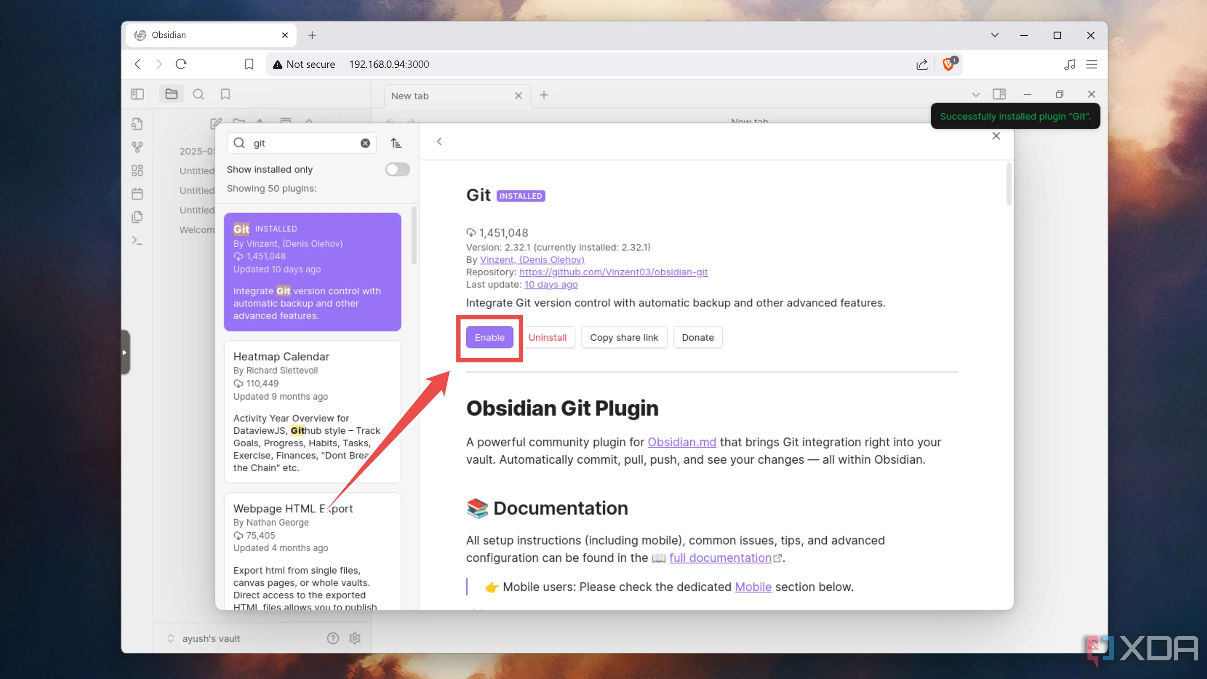 Kích hoạt plugin Git sau khi cài đặt trong Obsidian