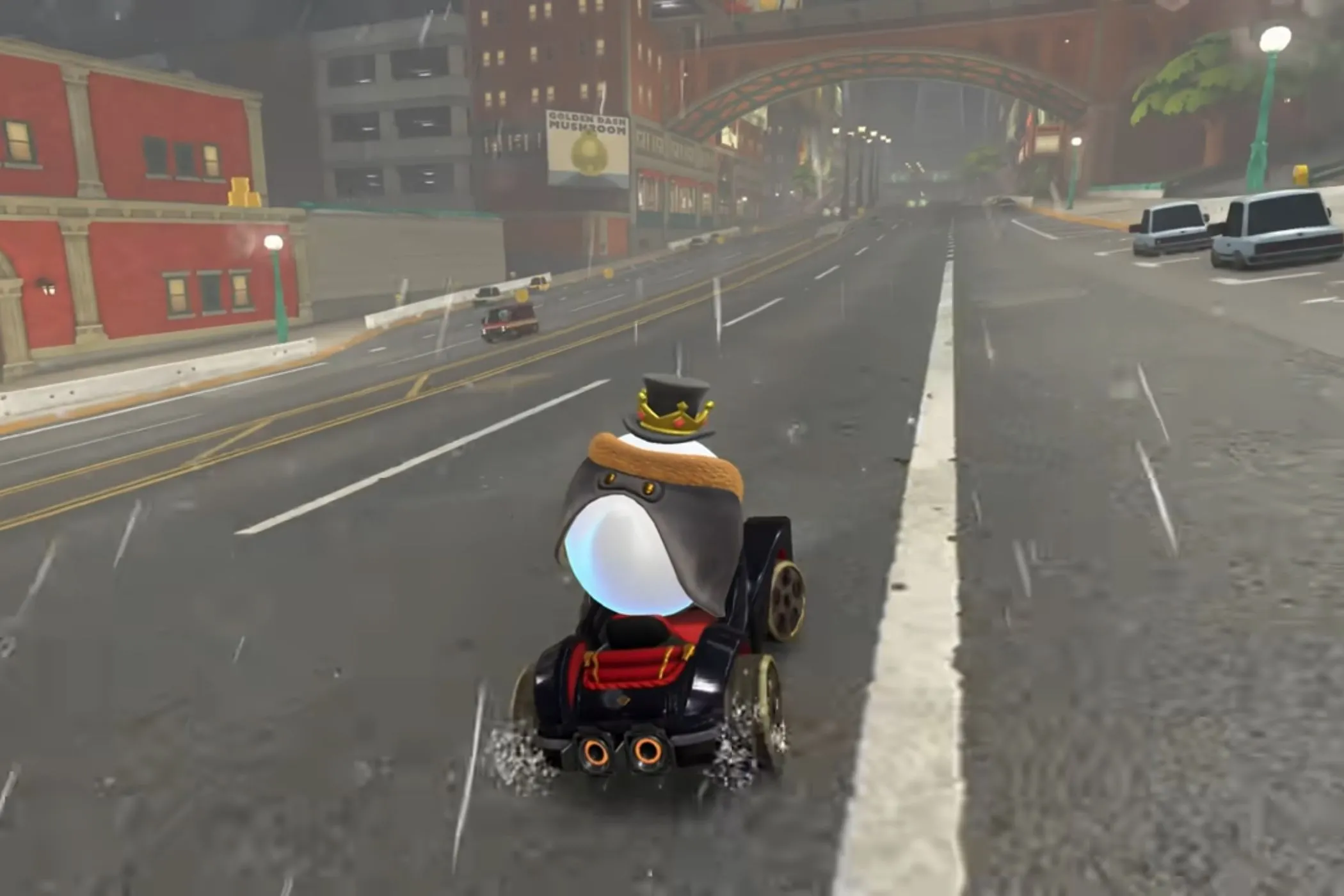 King Boo đua xe trong đường đua Crown City đầy thử thách của Mario Kart World dưới trời mưa