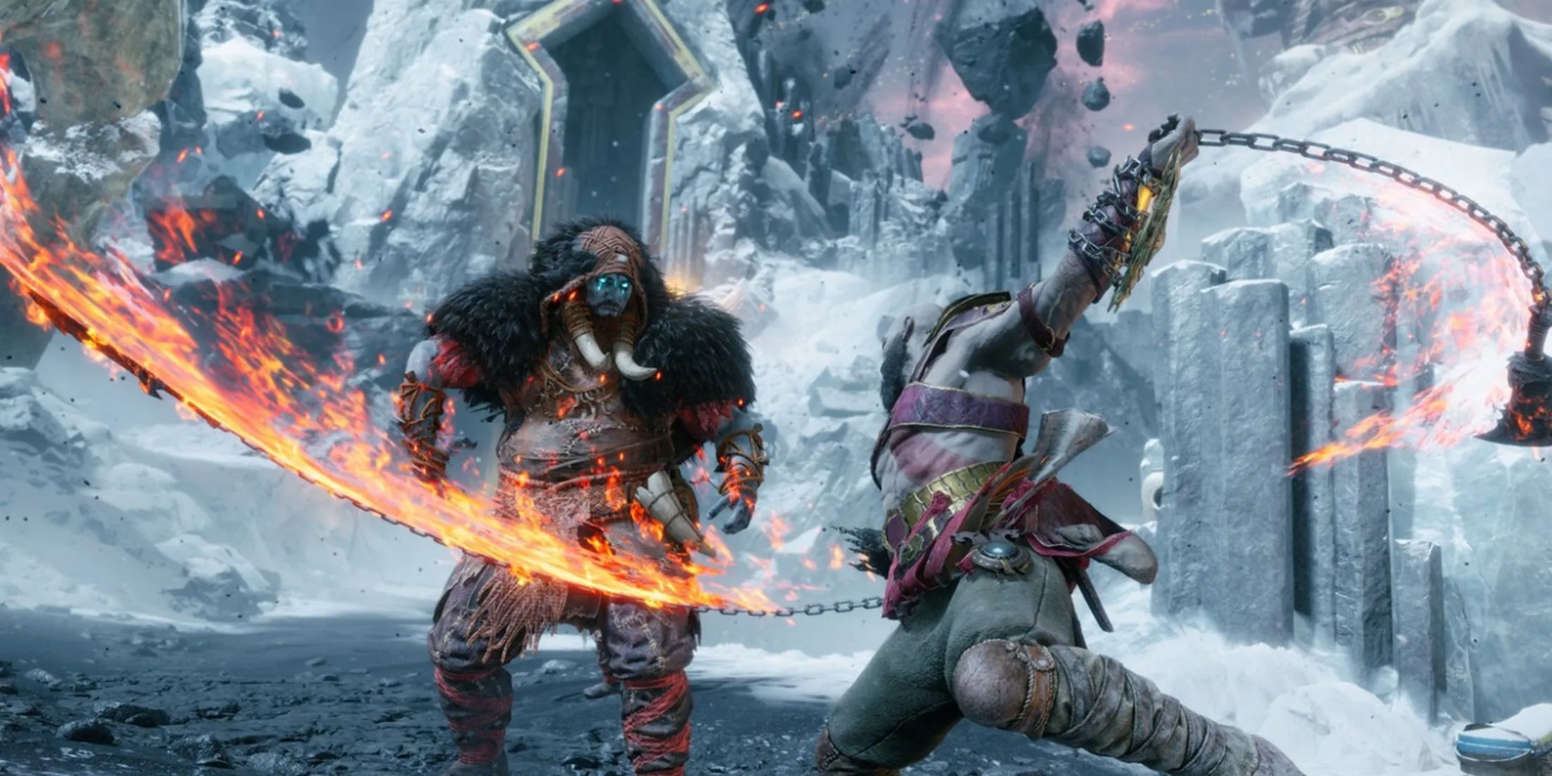 Kratos chiến đấu với kẻ thù bằng Lưỡi Dao Hỗn Mang rực lửa trong God of War Ragnarök