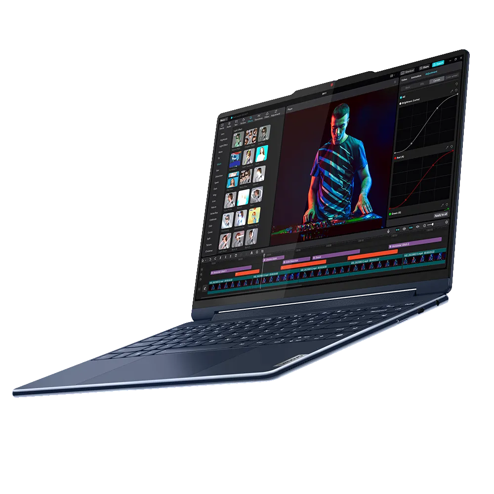 Laptop Lenovo Yoga 9i (2025) với màn hình lật xoay 2-in-1 trên nền trong suốt