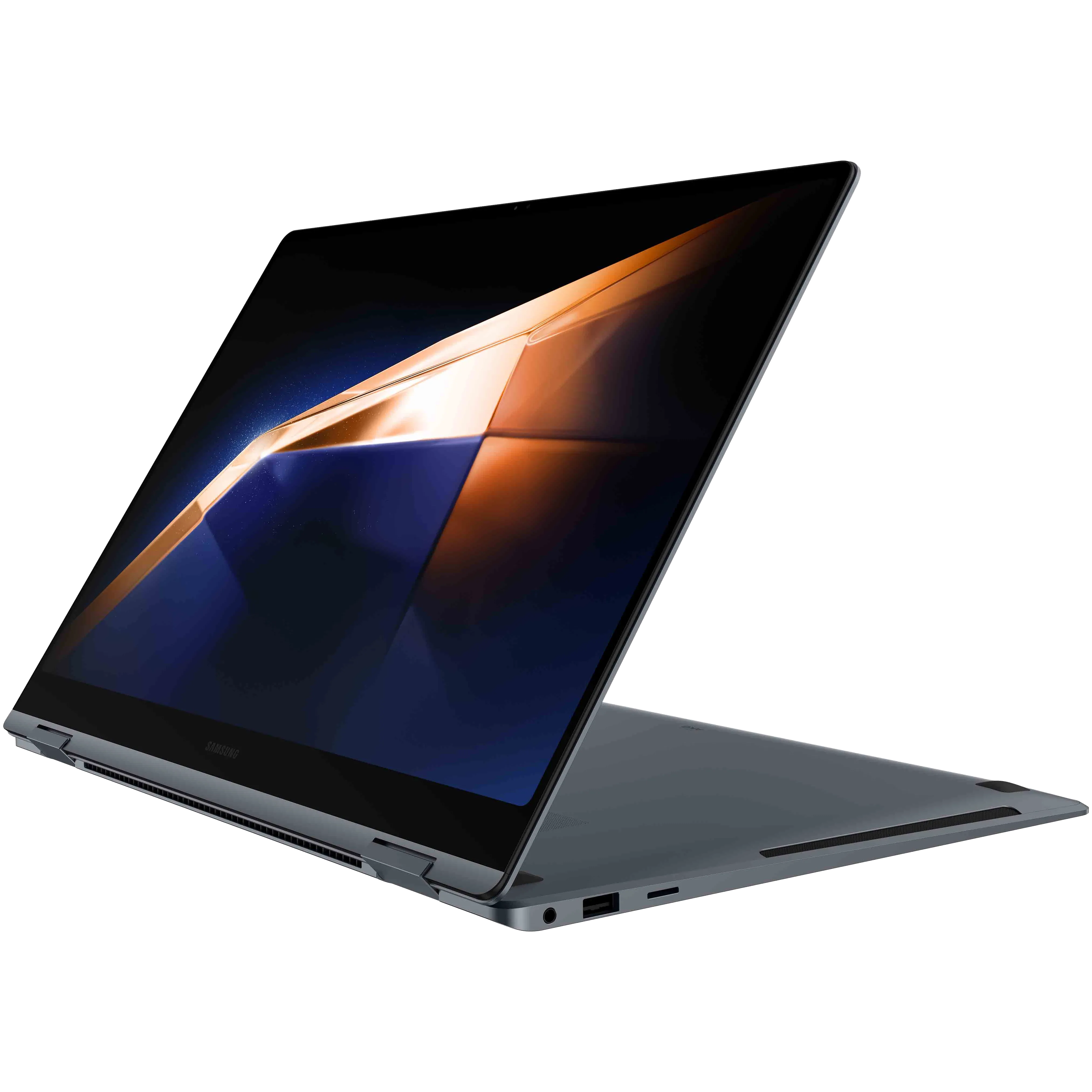 Laptop Samsung Galaxy Book 4 Pro 360 ở chế độ trình chiếu, thể hiện tính năng 2-in-1 linh hoạt