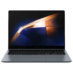 Laptop Samsung Galaxy Book 4 Ultra màu bạc nhìn từ phía trước, hiển thị màn hình AMOLED sắc nét