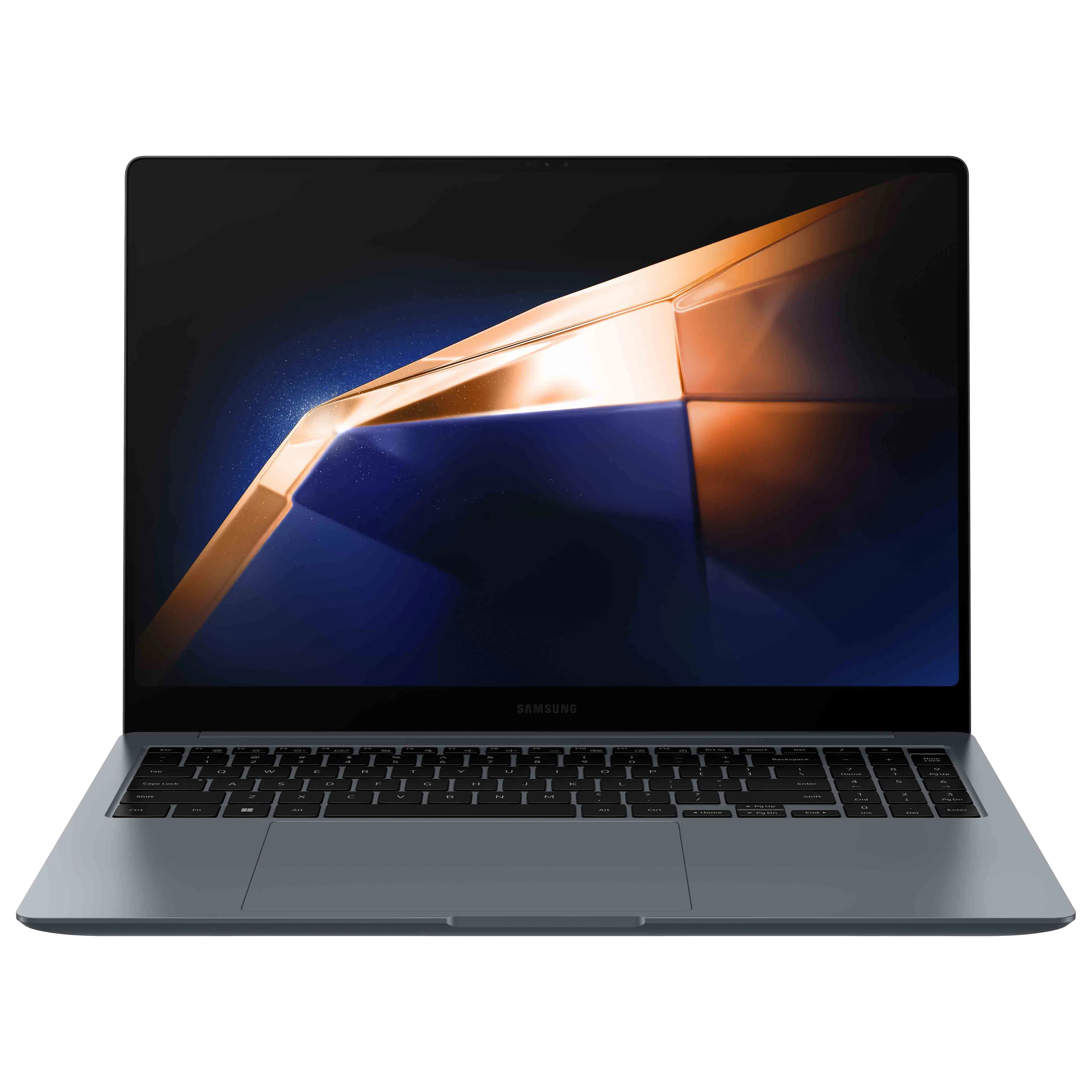 Laptop Samsung Galaxy Book 4 Ultra màu bạc nhìn từ phía trước, hiển thị màn hình AMOLED sắc nét