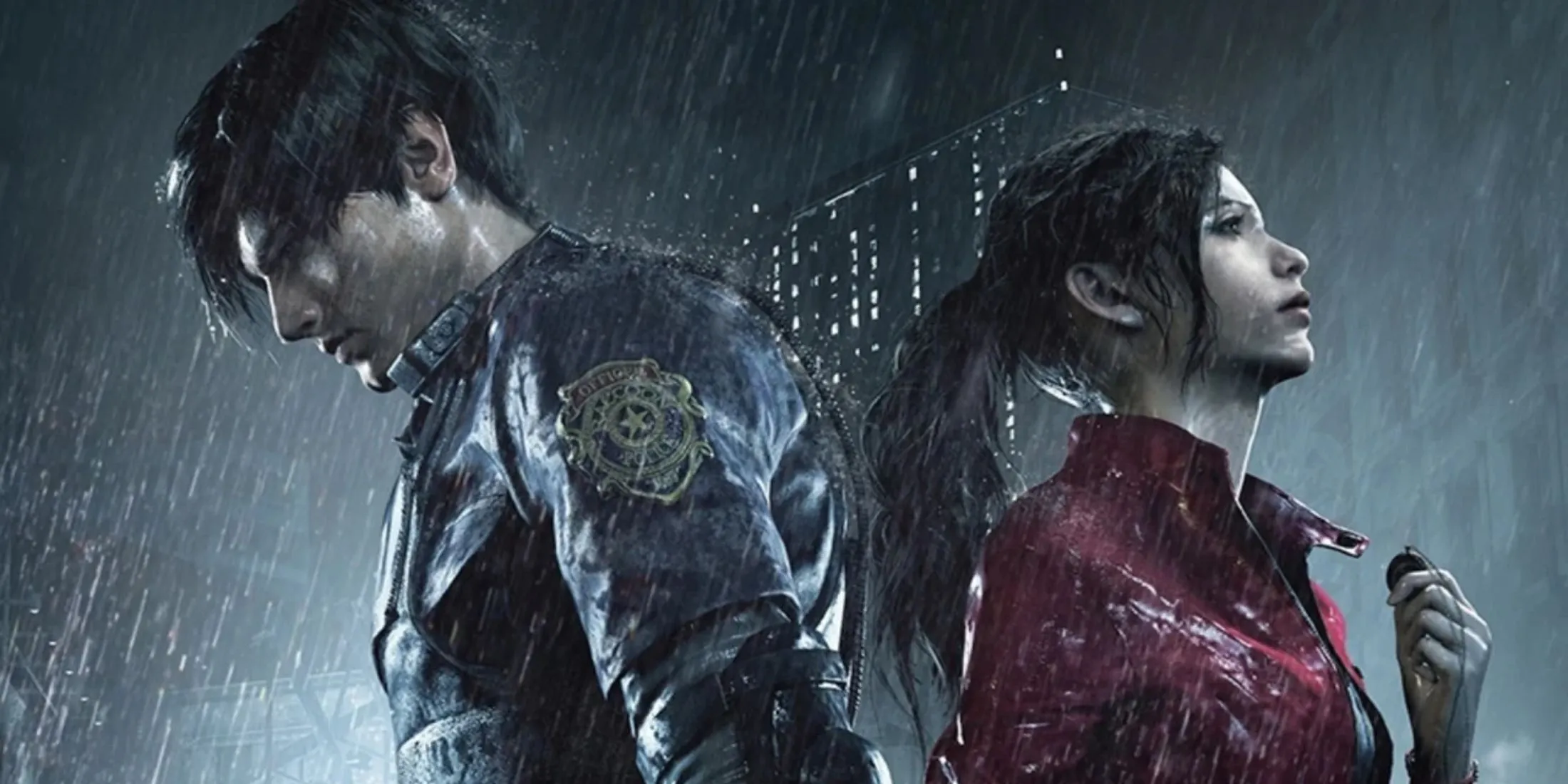 Leon và Claire đứng tựa lưng vào nhau dưới mưa trong Resident Evil 2 Remake, biểu tượng của sự hợp tác sinh tồn.