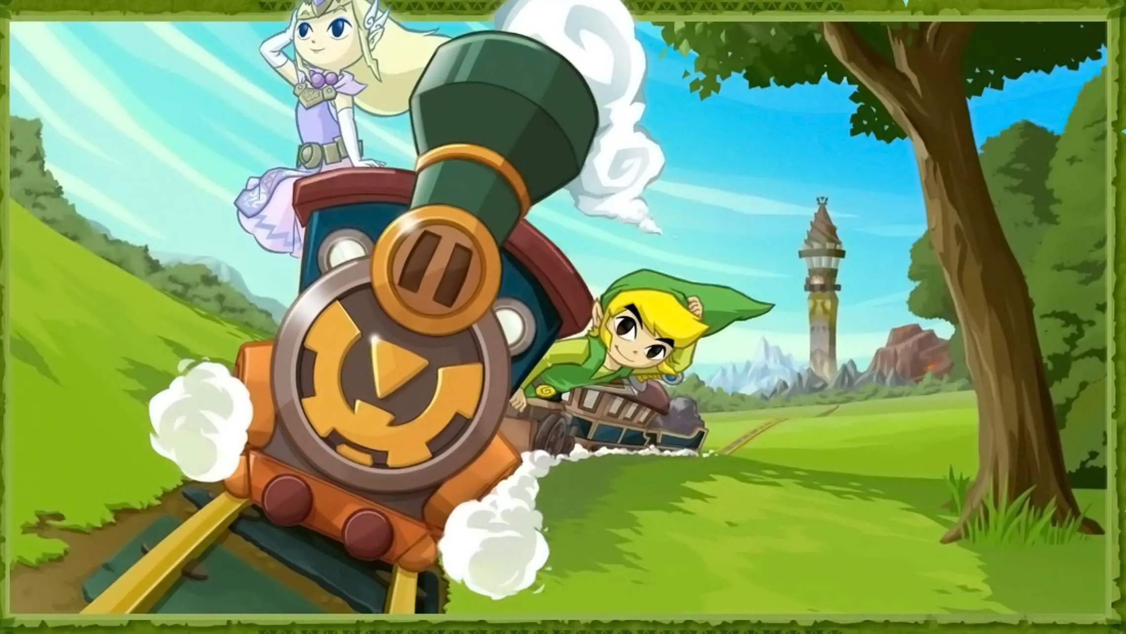 Link và Công chúa Zelda cùng nhau lái tàu trên bức ảnh quảng bá chính thức của The Legend of Zelda: Spirit Tracks