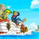 Link và Linebeck trên con tàu biển trong hình ảnh nghệ thuật chính thức của The Legend of Zelda: Phantom Hourglass