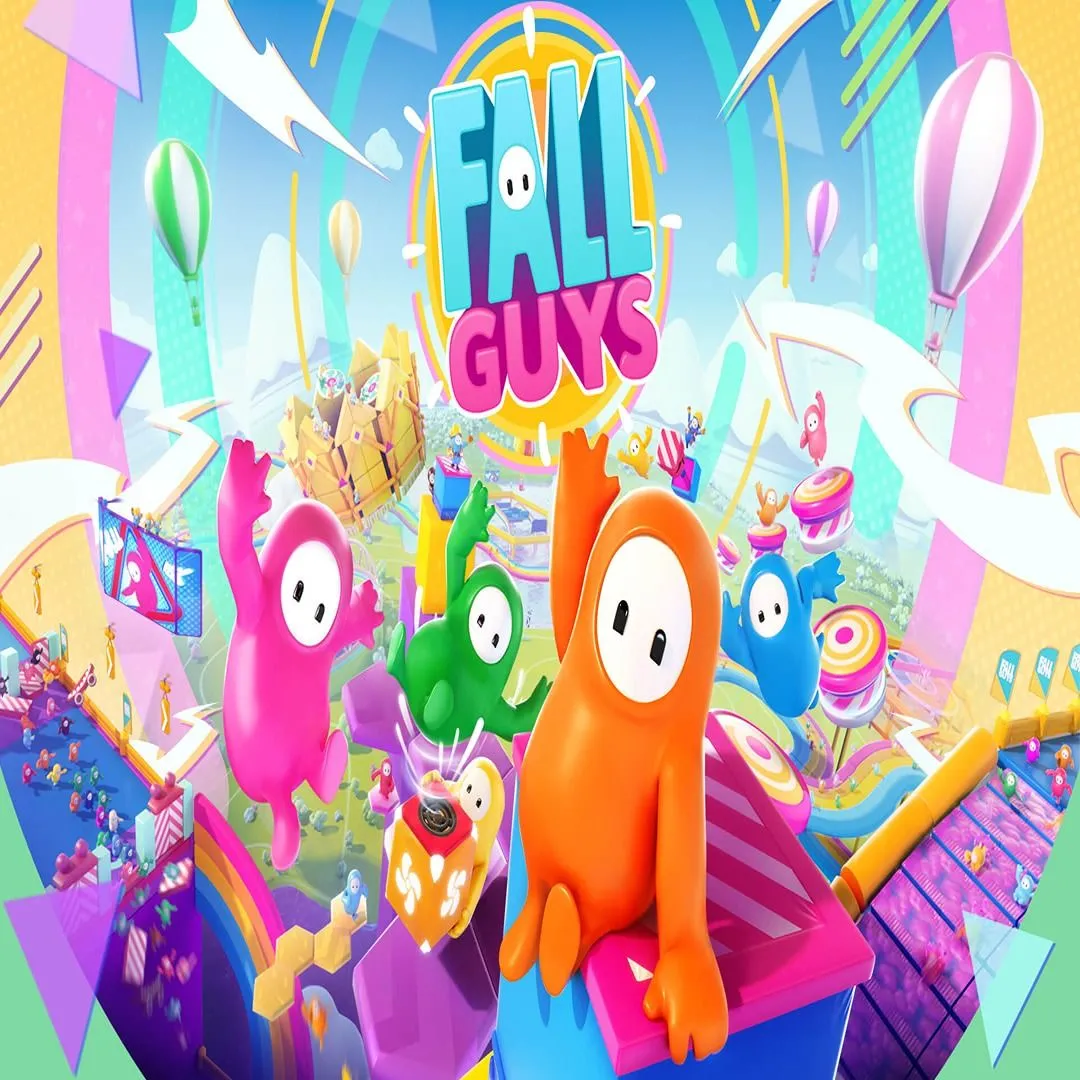 Logo tựa game Fall Guys nổi bật với các nhân vật hình hạt đậu ngộ nghĩnh.