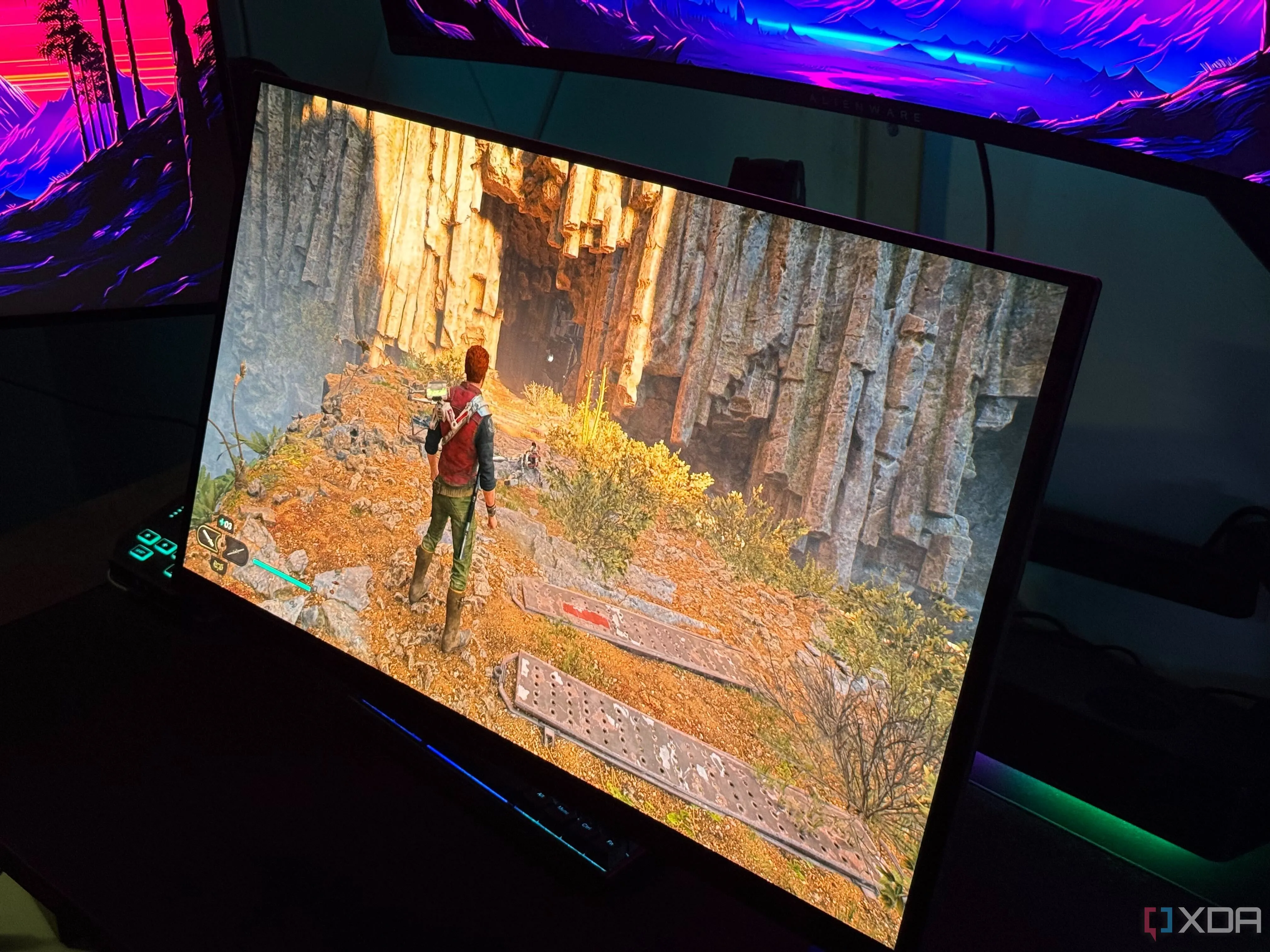 Lỗi bóng mờ (ghosting) trong game Star Wars Jedi: Survivor khi bật DLSS trên màn hình gaming OLED.