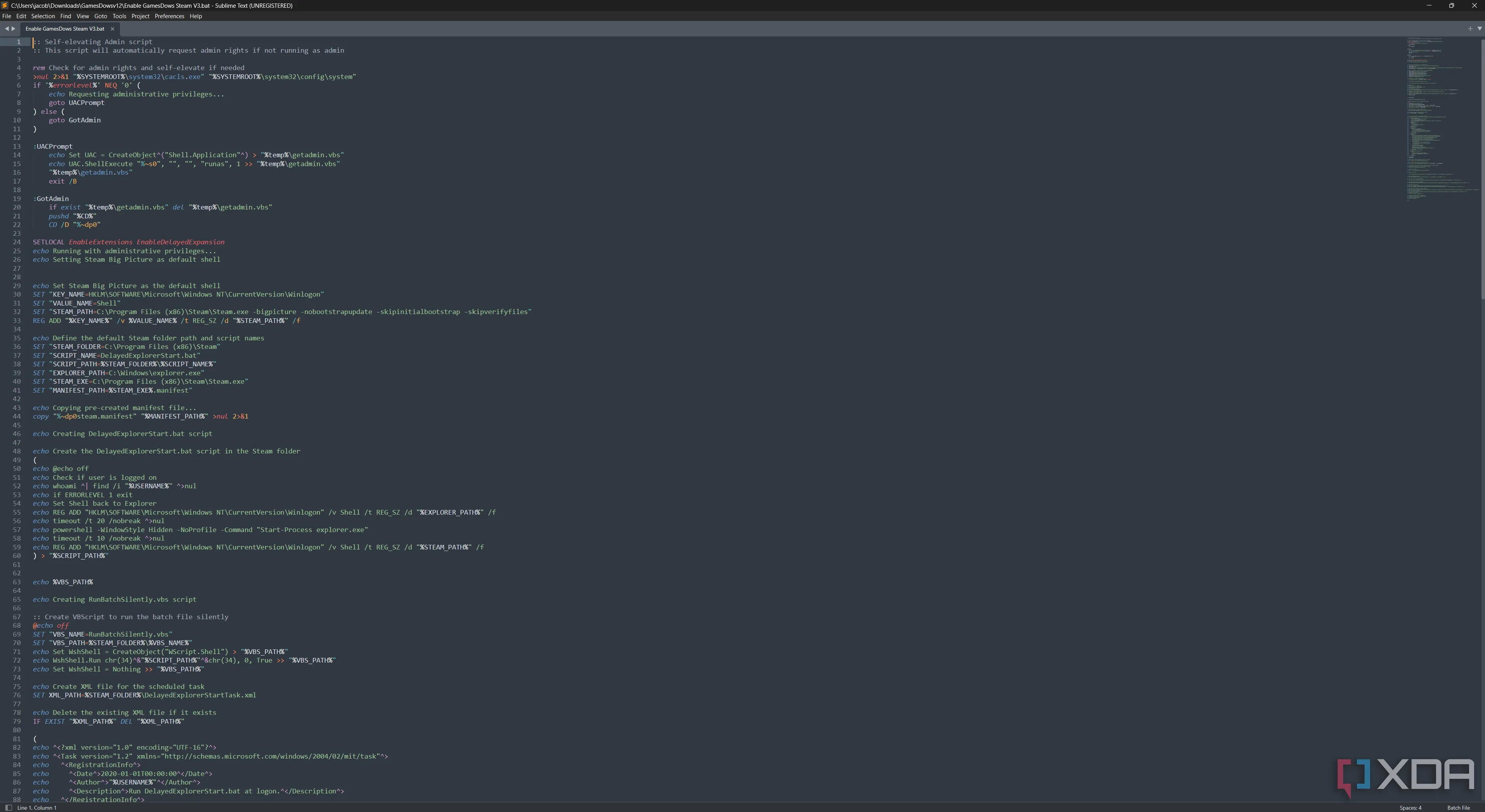 Mã nguồn của một file batch GameDows đang được xem trong trình soạn thảo Sublime Text, minh họa cách kiểm tra nội dung file trước khi chạy