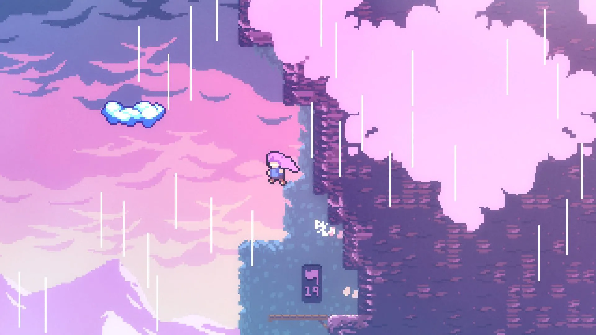 Madeline nhảy lên đám mây trên sườn núi, thể hiện gameplay platforming của Celeste.