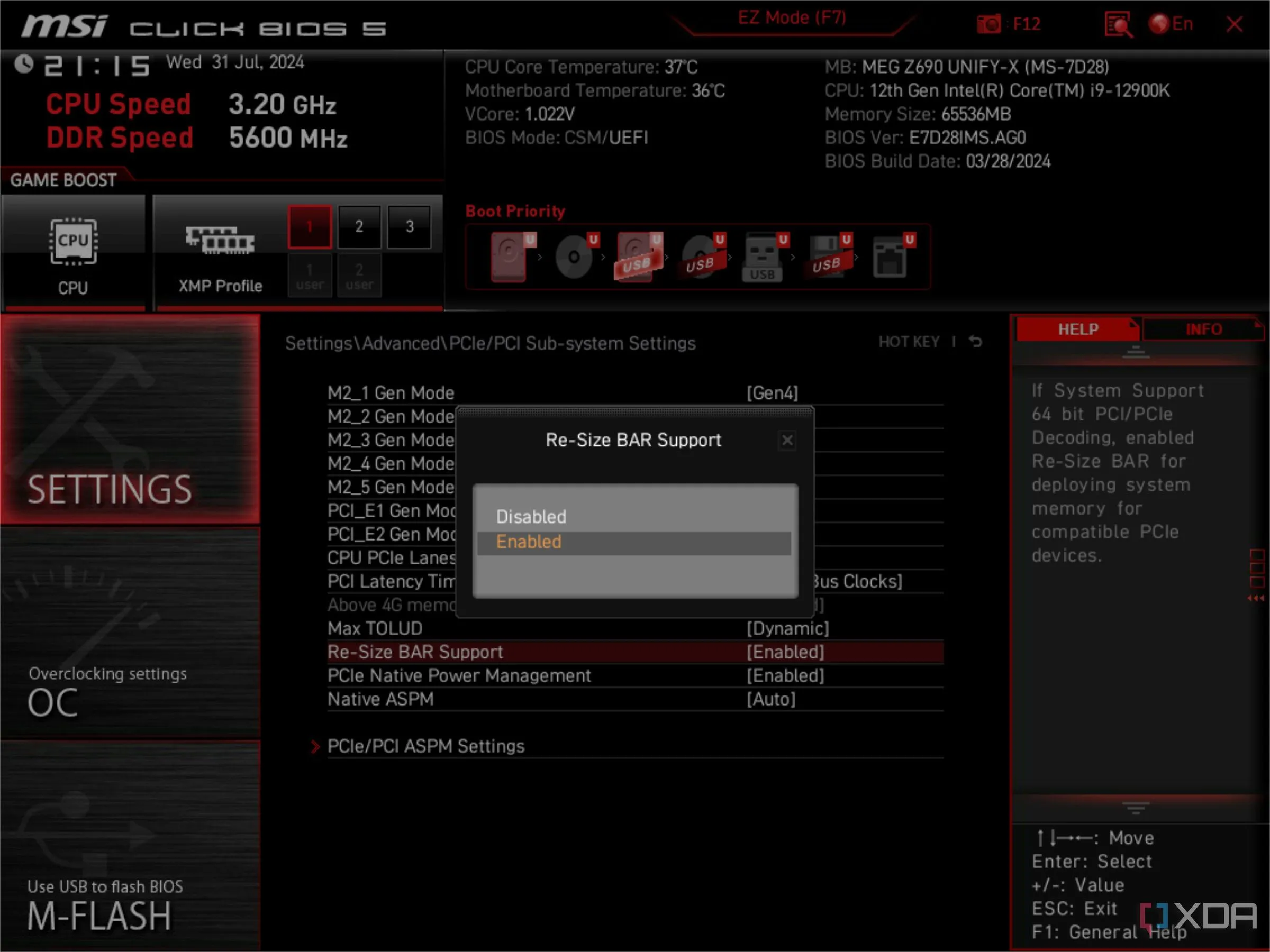 Màn hình BIOS MSI hiển thị tùy chọn Resizable BAR, liên quan đến tương thích khởi động