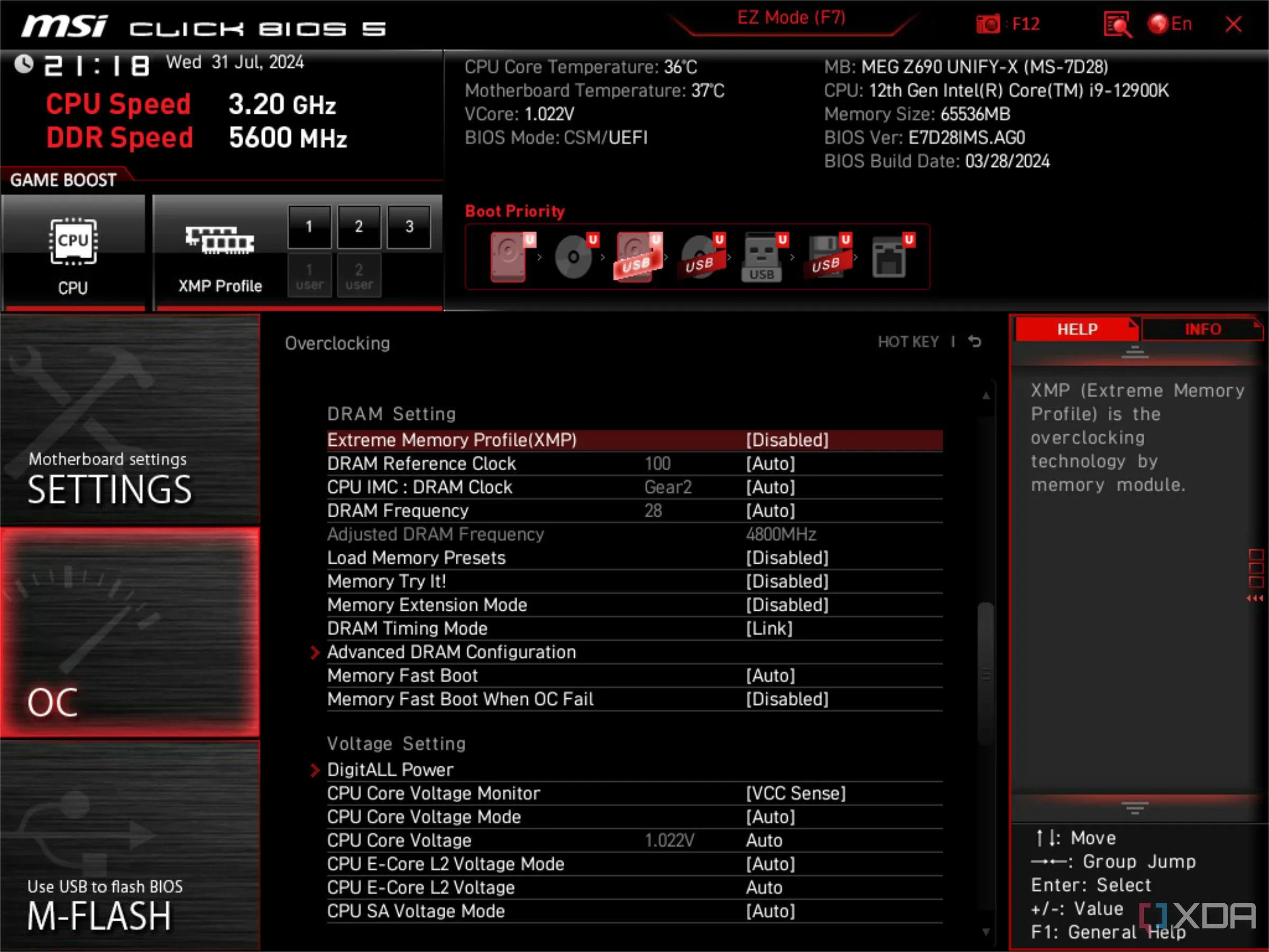 Màn hình BIOS UEFI của MSI cho thấy cài đặt XMP/EXPO đang bị vô hiệu hóa