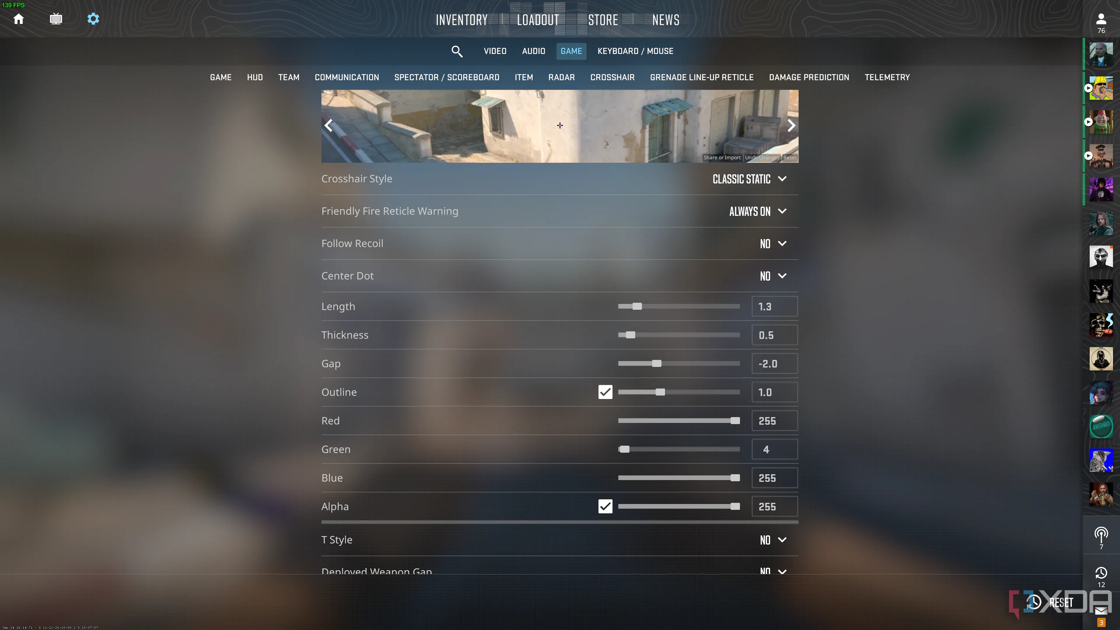 Màn hình cài đặt tùy chỉnh tâm ngắm (crosshair) trong Counter-Strike 2