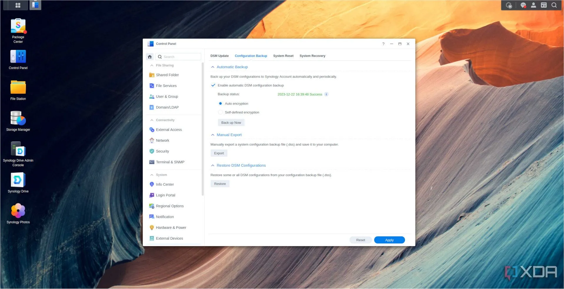 Màn hình cấu hình sao lưu DSM trên NAS Synology