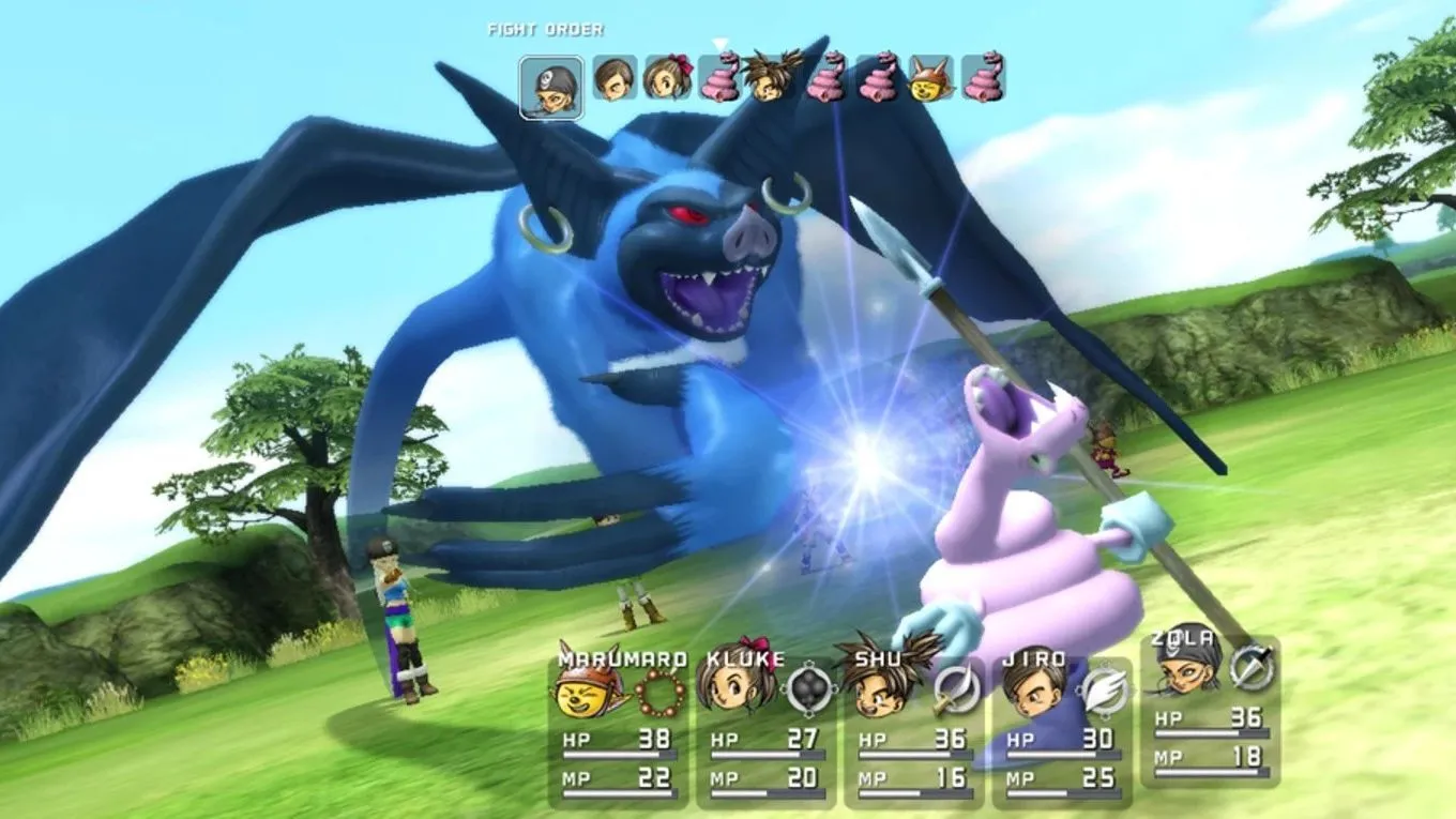 Màn hình chiến đấu trong Blue Dragon với kẻ thù là một con dơi khổng lồ, thể hiện phong cách JRPG truyền thống