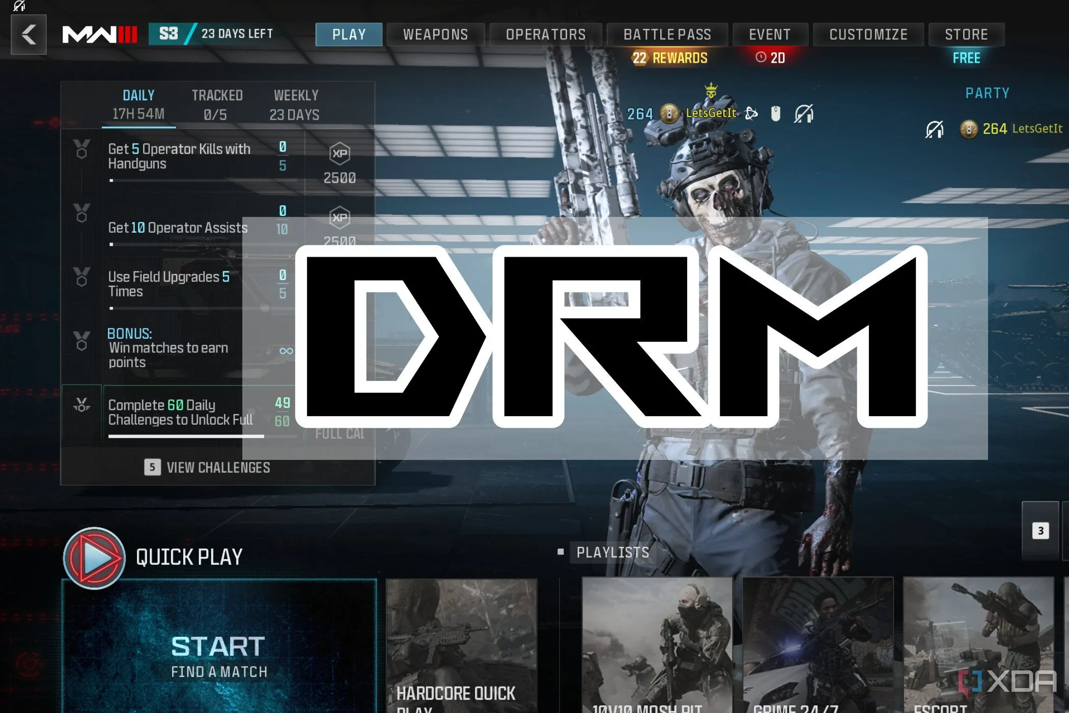 Màn hình game Call of Duty Modern Warfare III hiển thị thông báo về hệ thống DRM