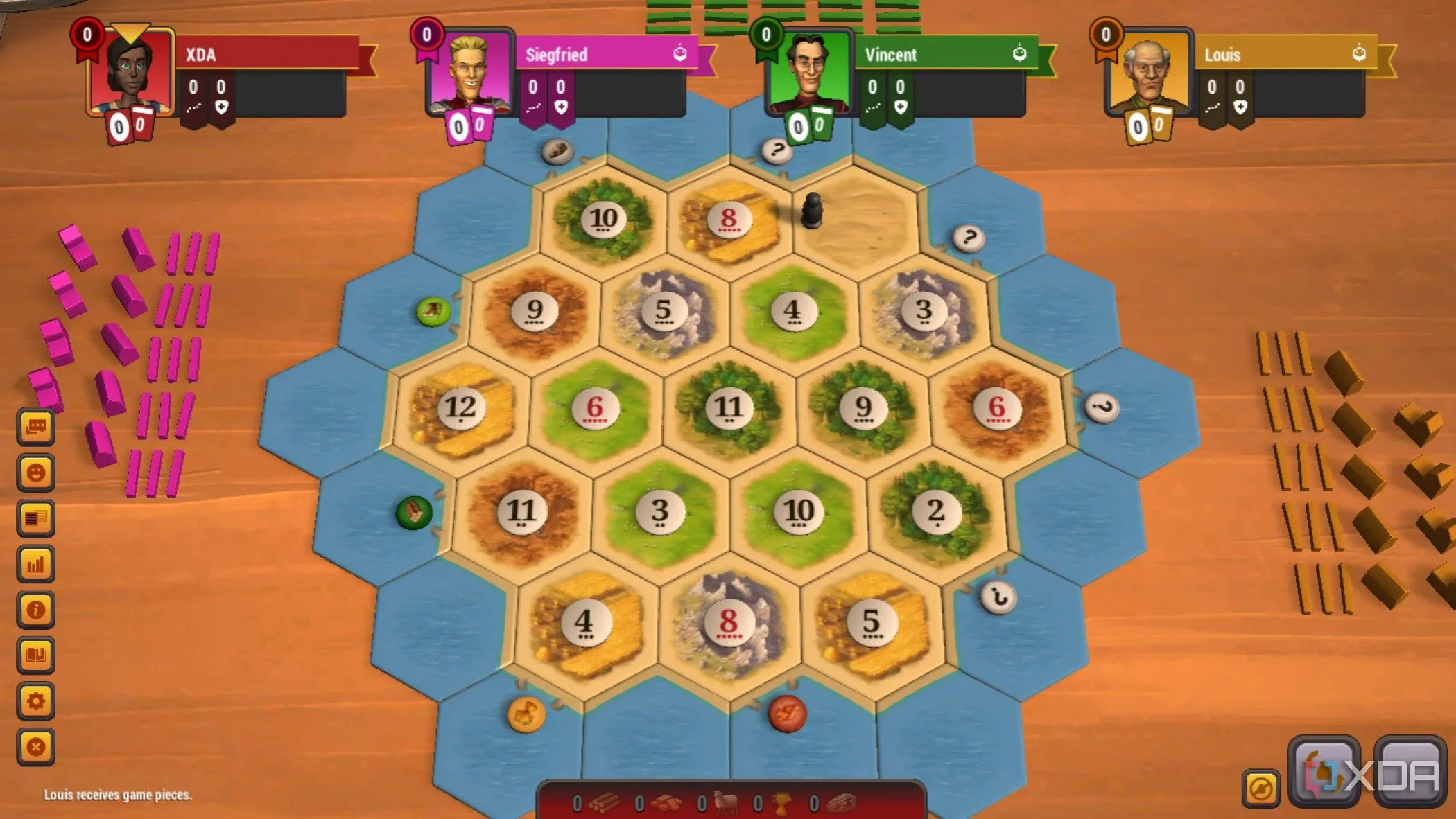 Màn hình game Catan Universe với bản đồ chơi, các thành phố, đường đi và tài nguyên đang được xây dựng.