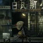 Màn hình game Garage Bad Dream Adventure với khung cảnh trạm xăng bỏ hoang u ám, thể hiện đồ họa độc đáo của tựa game phiêu lưu kinh dị hiếm