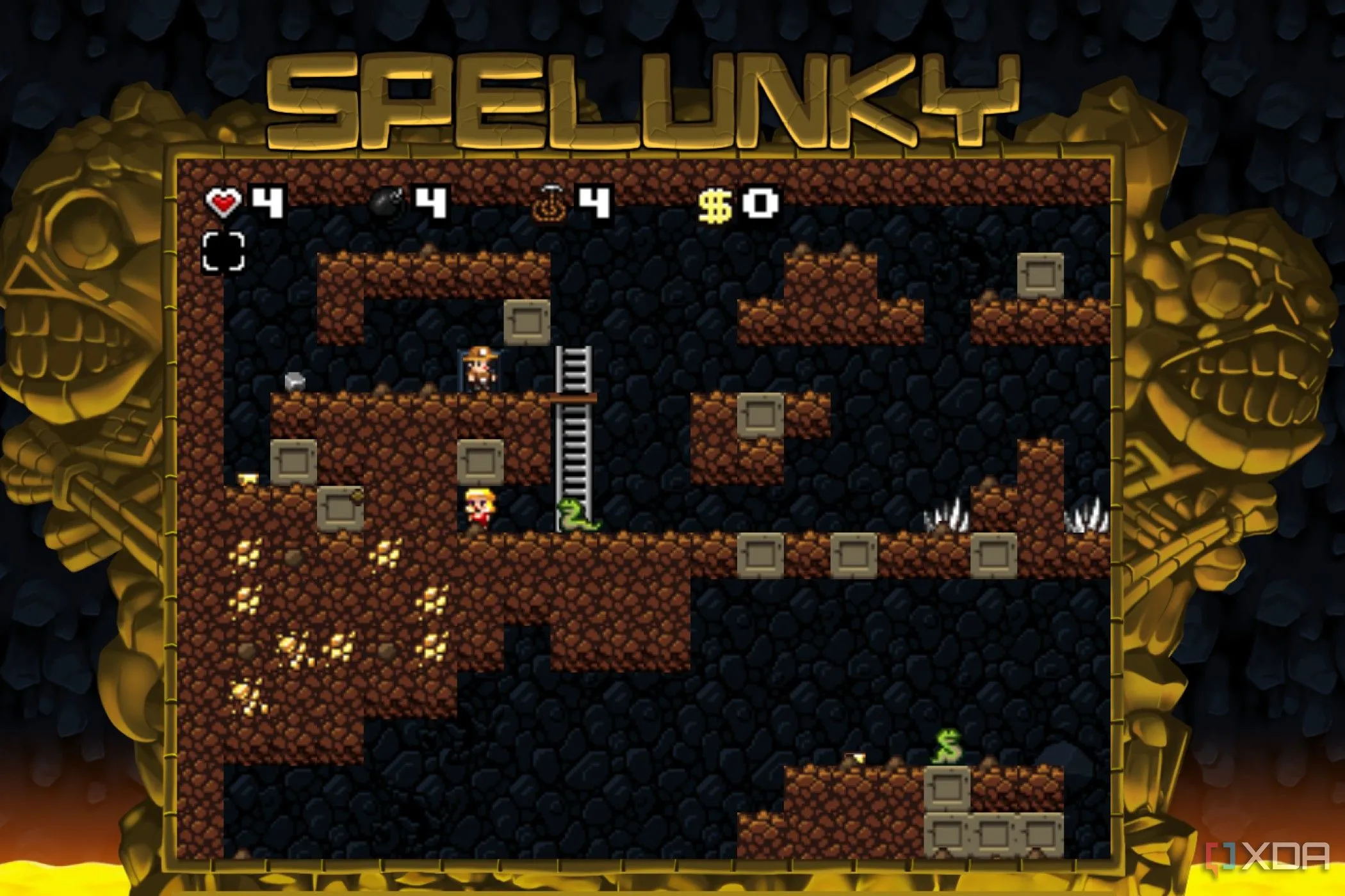Màn hình game Spelunky với nhân vật chính đang khám phá một hang động đầy cạm bẫy và kho báu.