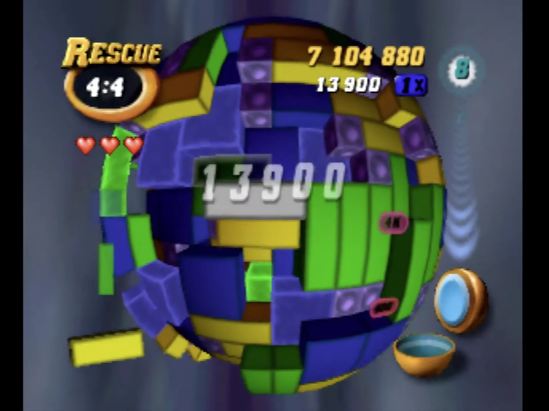 Màn hình game Tetrisphere trên Nintendo 64, thể hiện lối chơi giải đố 3D độc đáo