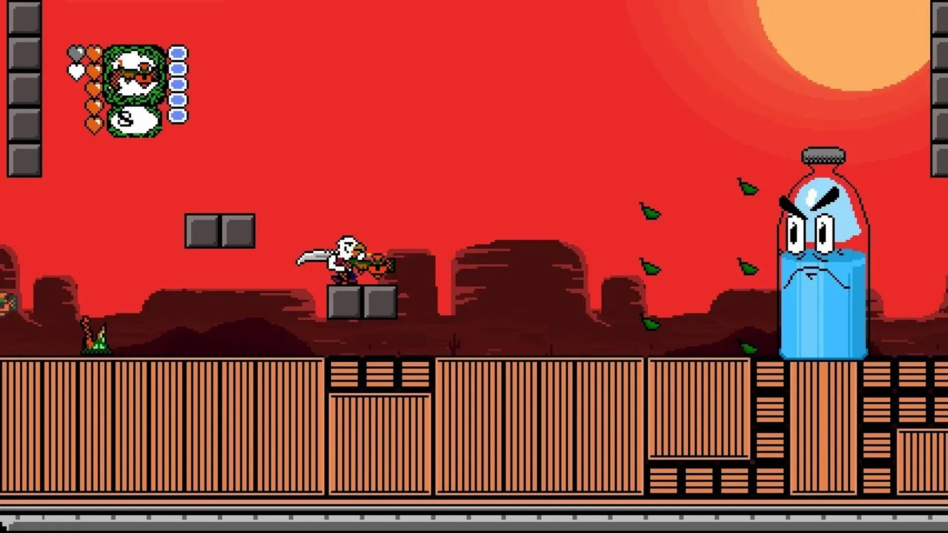 Màn hình gameplay của Revenge of the Bird King với nhân vật Dwanye đang di chuyển trong môi trường pixel art đầy màu sắc