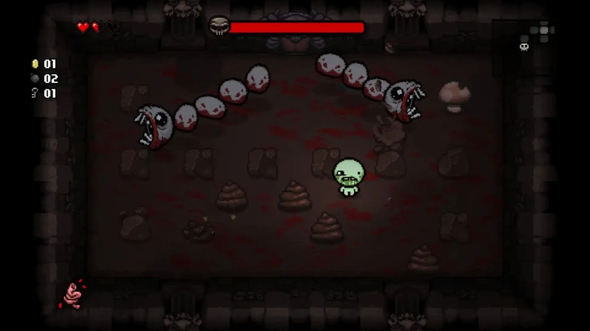 Màn hình gameplay của The Binding of Isaac Rebirth hiển thị nhân vật Isaac chiến đấu với kẻ thù trong một dungeon đầy rẫy chướng ngại vật