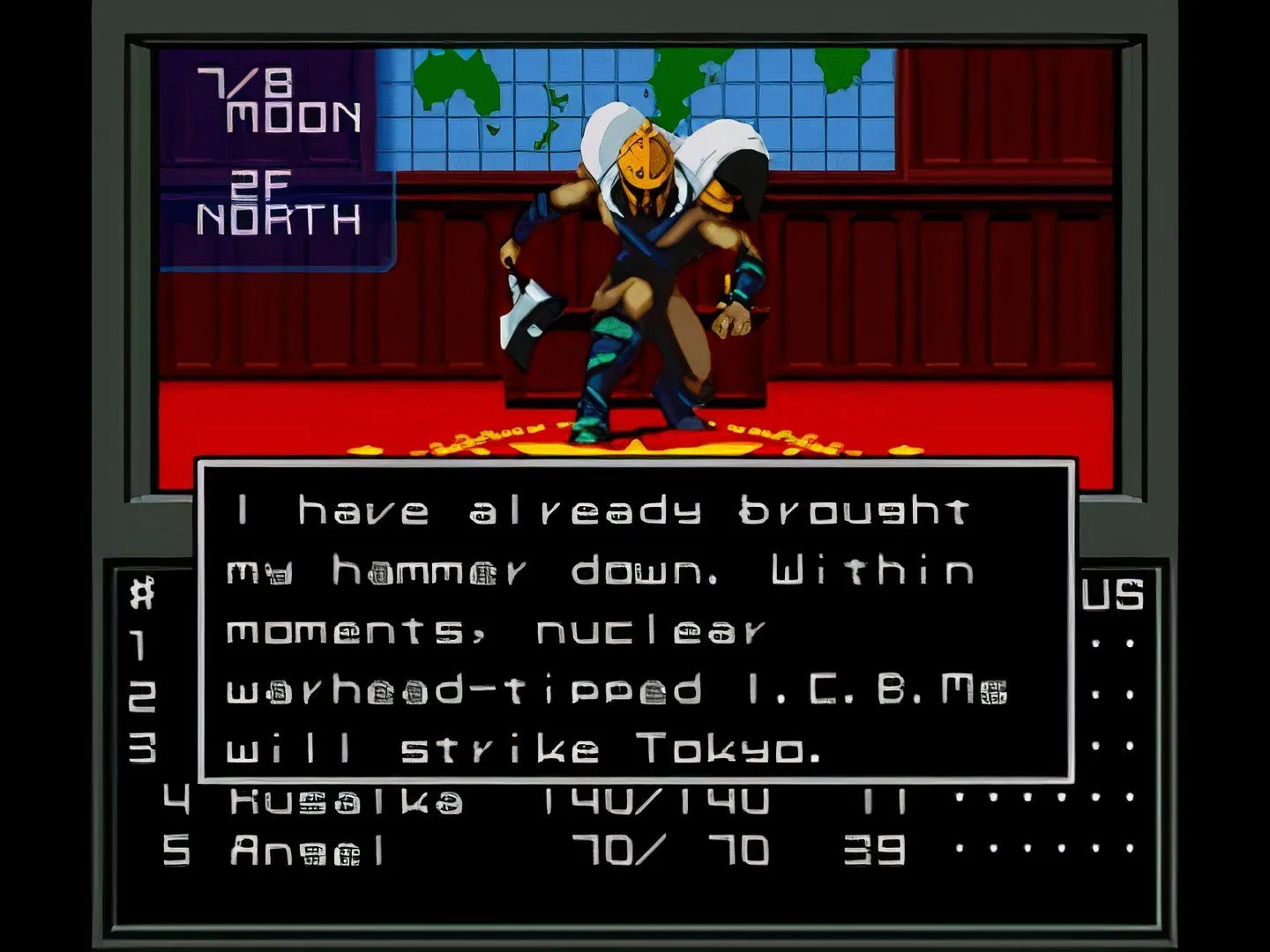 Màn hình gameplay Shin Megami Tensei với các lựa chọn đối thoại tiếng Nhật và nhân vật anime, trước khi có bản vá dịch thuật