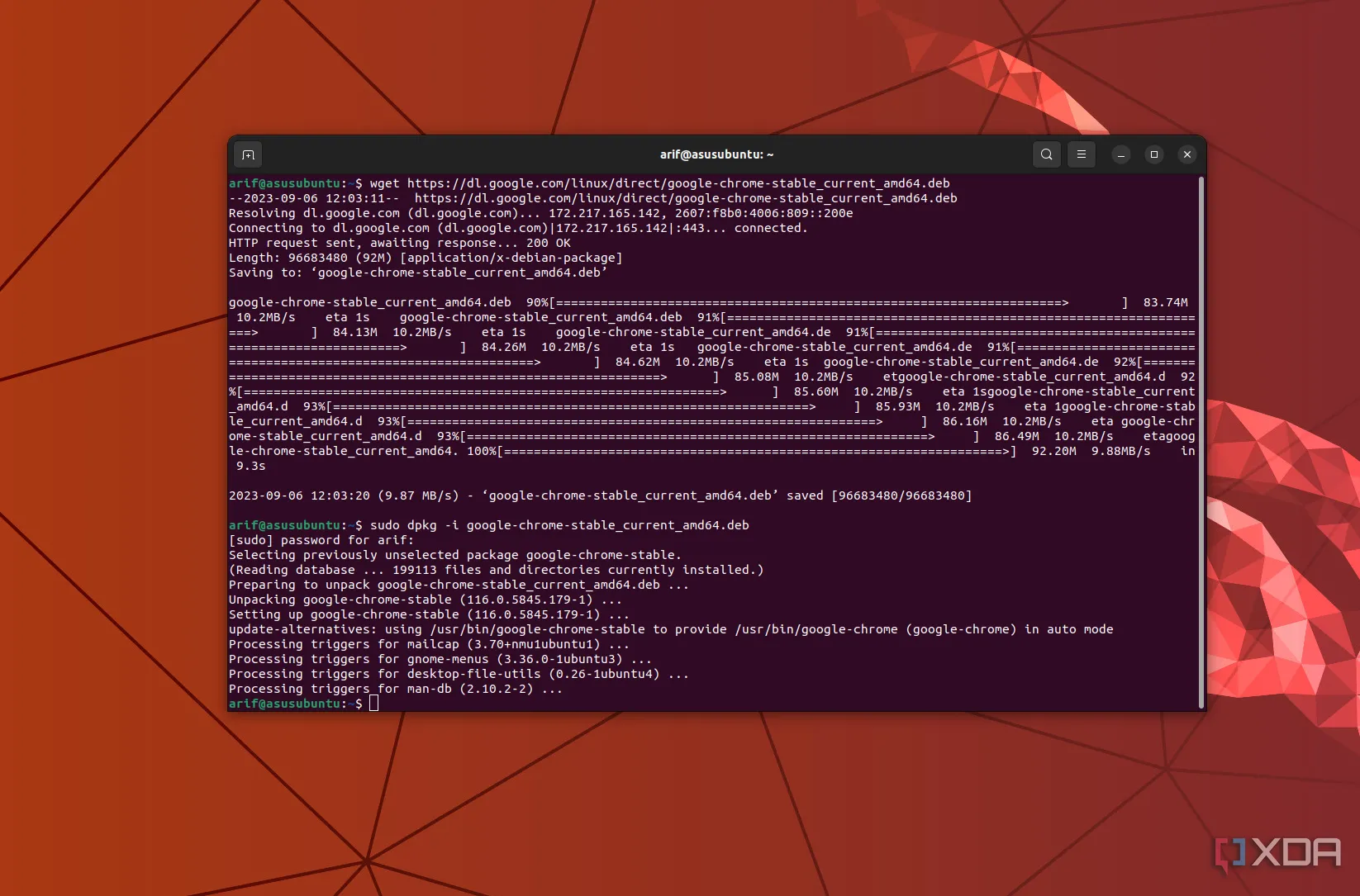 Màn hình terminal hiển thị mã lệnh Ubuntu để cài đặt Chrome