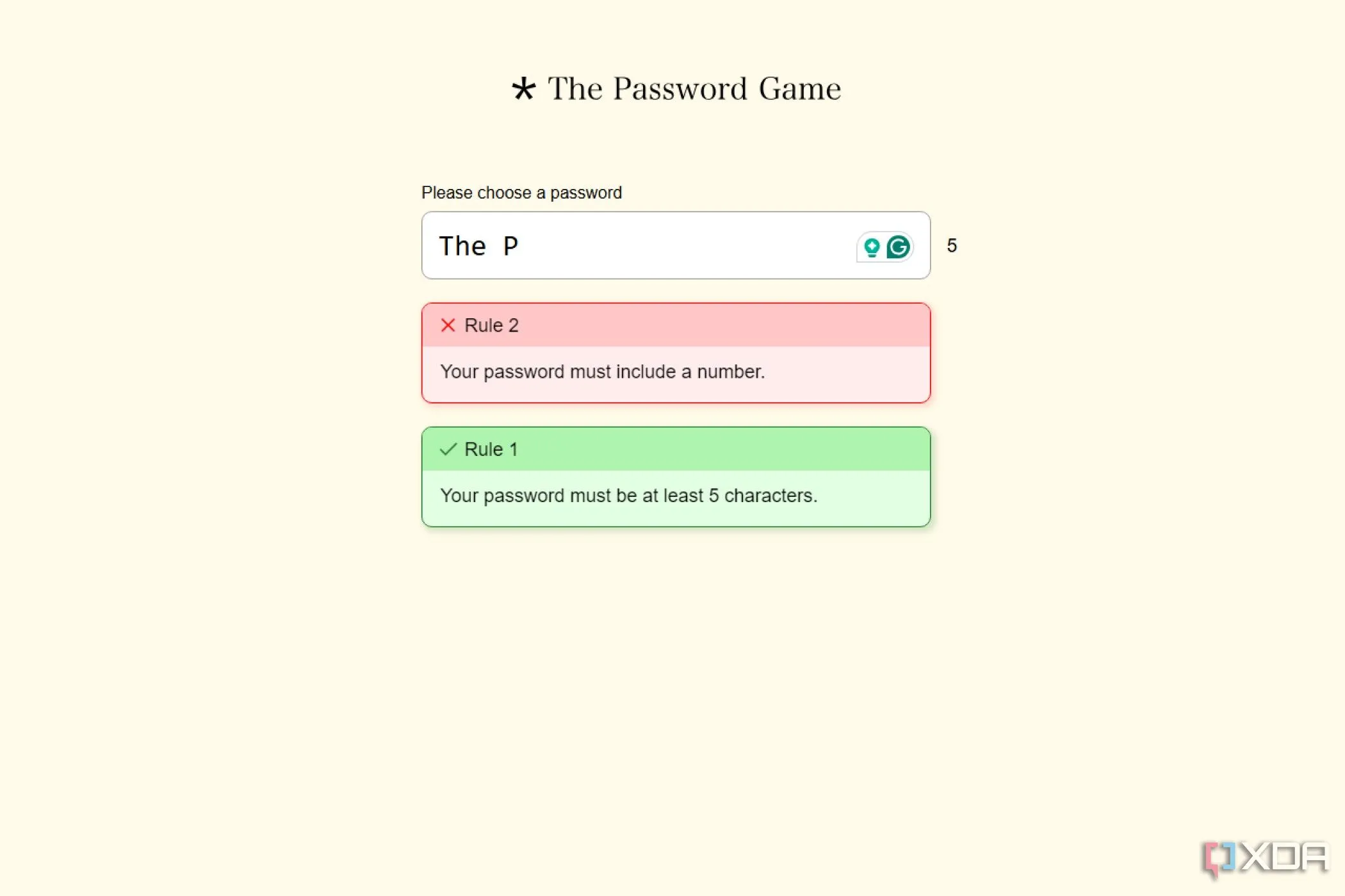 Màn hình The Password Game hiển thị ô nhập mật khẩu và danh sách các quy tắc phức tạp cần tuân thủ.