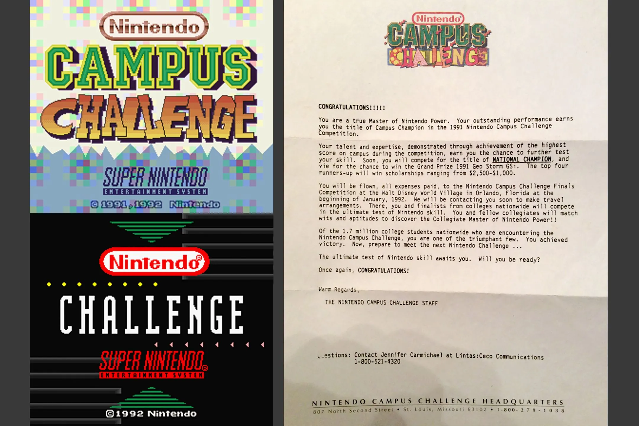 Màn hình tiêu đề các game trong giải Nintendo Campus Challenge và một lá thư chúc mừng người thắng cuộc từ Nintendo, minh chứng cho các giải đấu game lớn thời bấy giờ.
