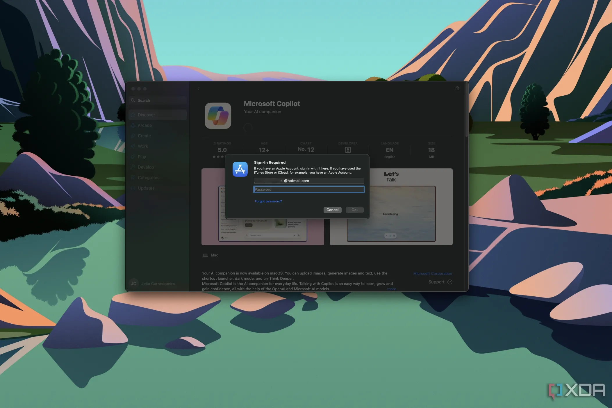 Màn hình yêu cầu mật khẩu tài khoản Apple để cài đặt ứng dụng trên macOS, minh họa việc tự động điền mật khẩu không hoạt động ngoài trình duyệt.