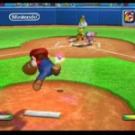 Mario ném bóng trong game Mario Super Sluggers trên Wii