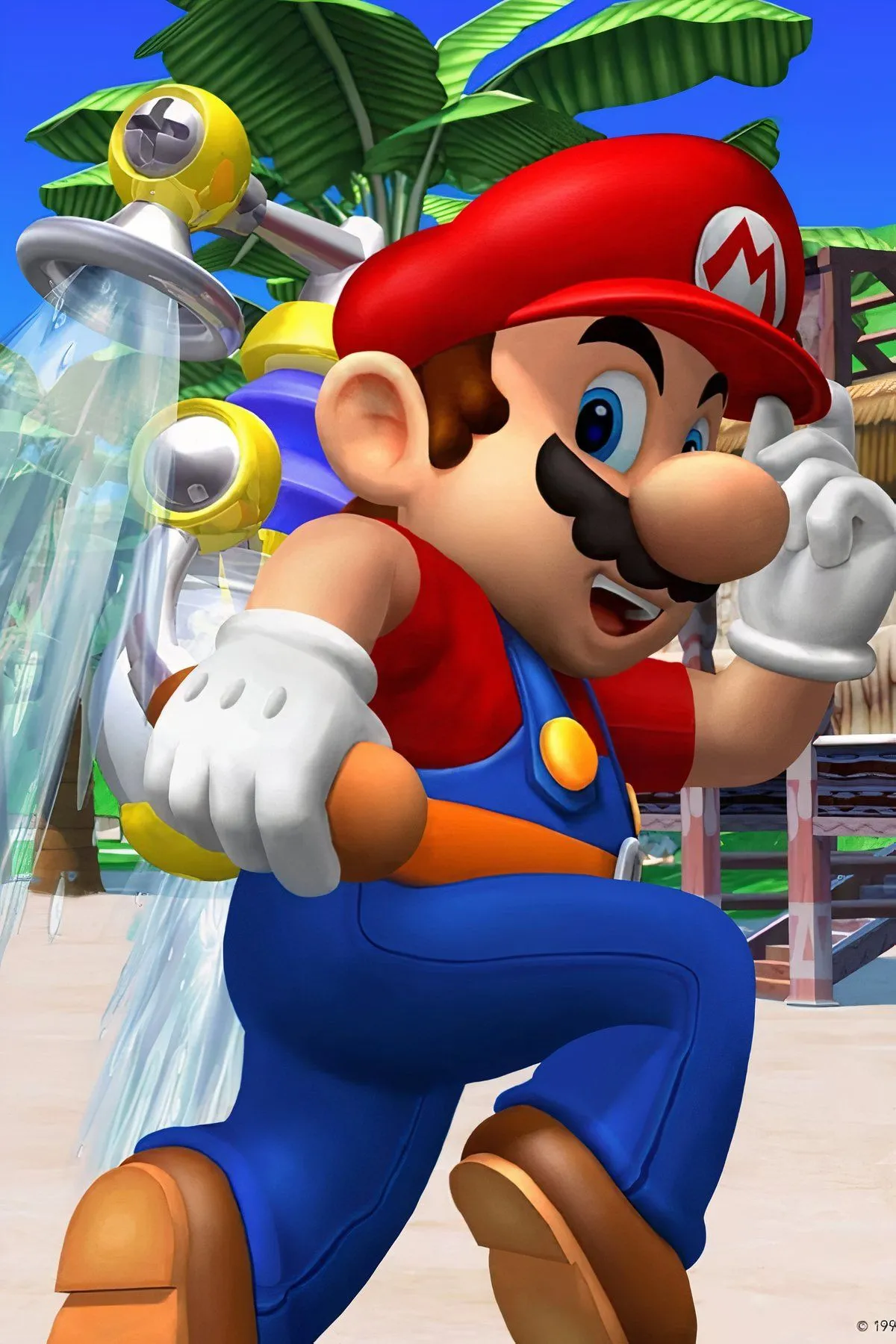 Mario sử dụng thiết bị FLUDD trên hòn đảo Delfino đầy nắng trong Super Mario Sunshine