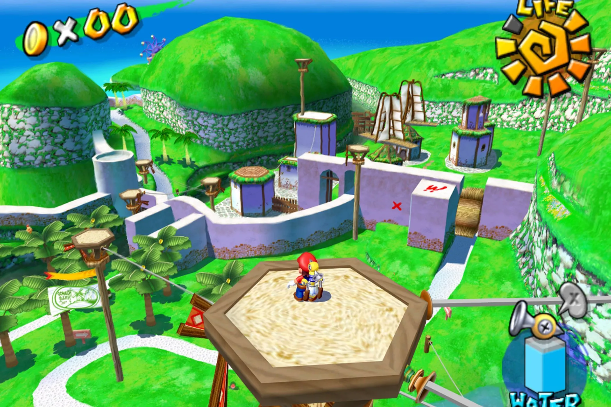 Mario sử dụng thiết bị phun nước Fludd trên ngọn tháp ở Isle Delfino trong game Super Mario Sunshine