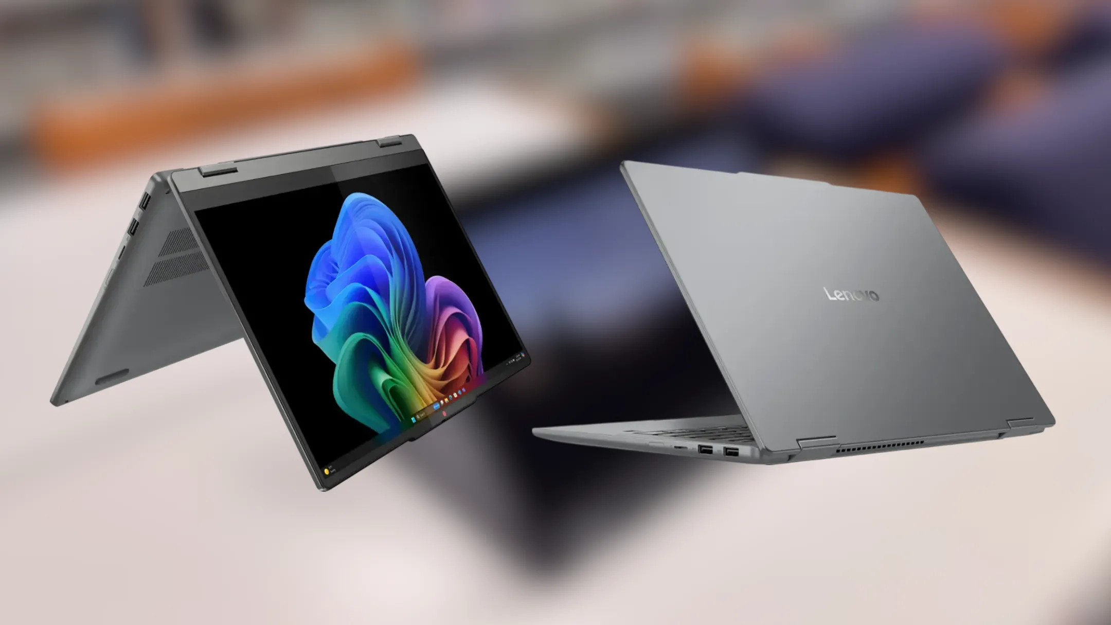 Mặt trước laptop Lenovo IdeaPad 5x hiển thị màn hình OLED 14 inch sắc nét, minh họa tính năng cảm ứng