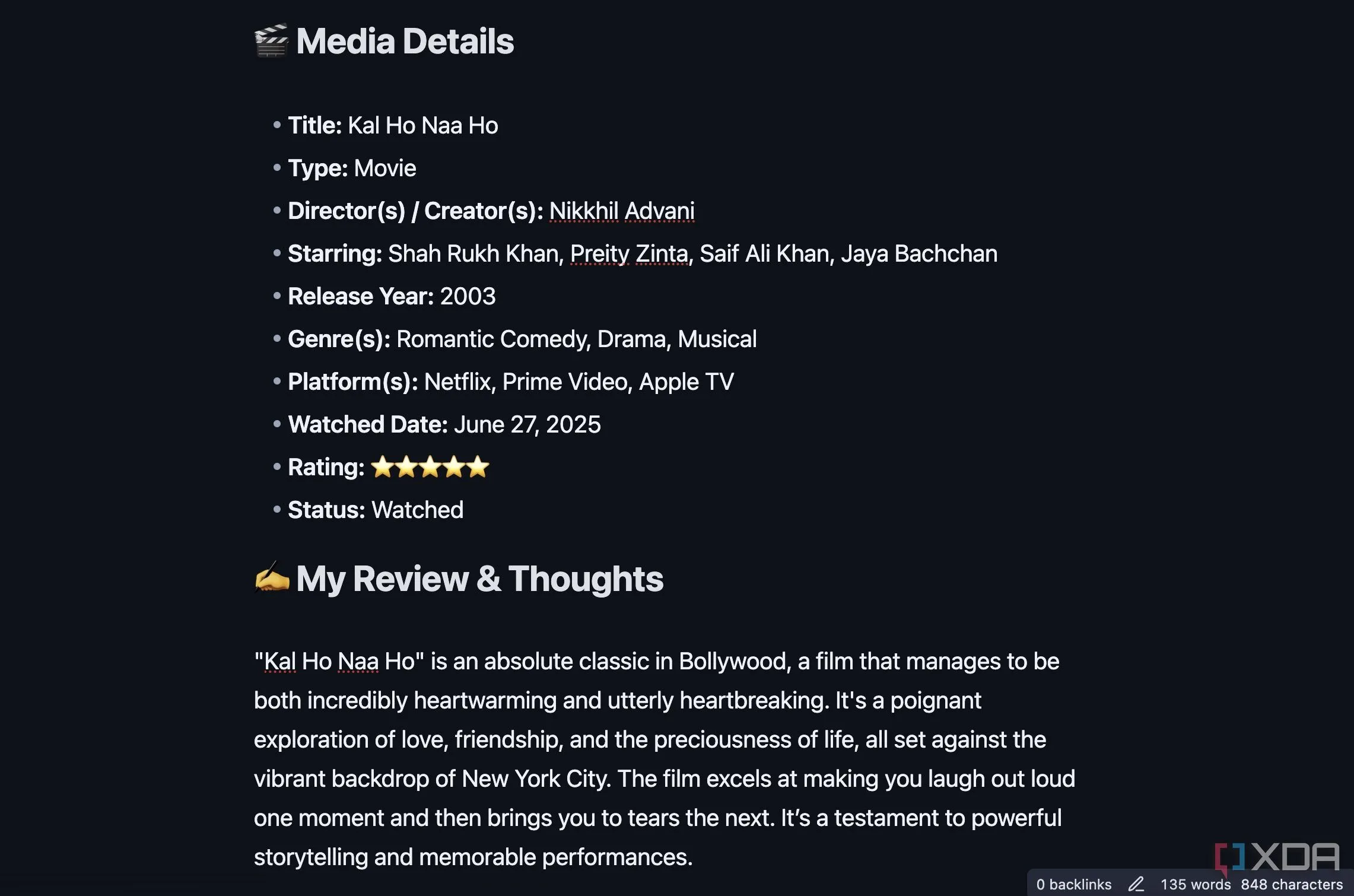Mẫu đánh giá phim (Movie Review) trong Obsidian giúp ghi lại cảm nhận sau khi xem