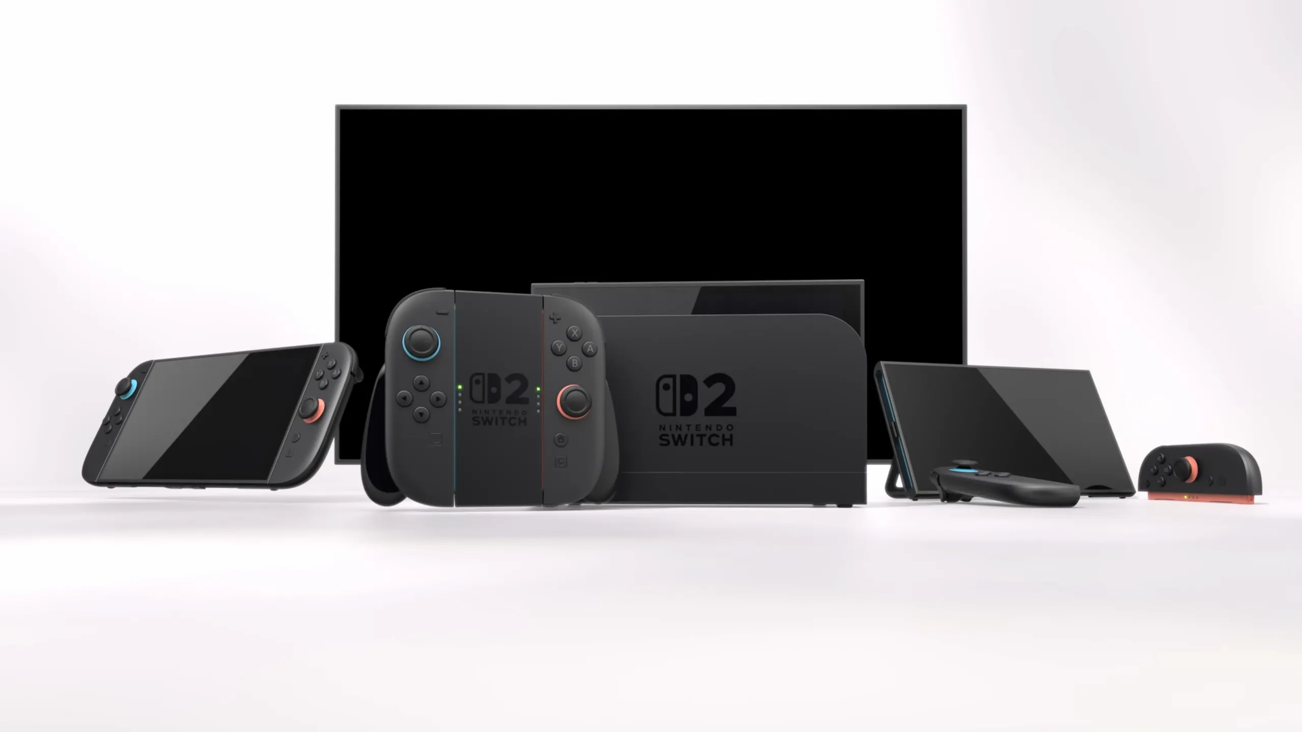 Mẫu máy console Nintendo Switch 2 hiển thị màn hình chính, đặt trên bàn làm việc, với Joy-Con gắn liền, làm nổi bật thiết kế và giao diện người dùng.