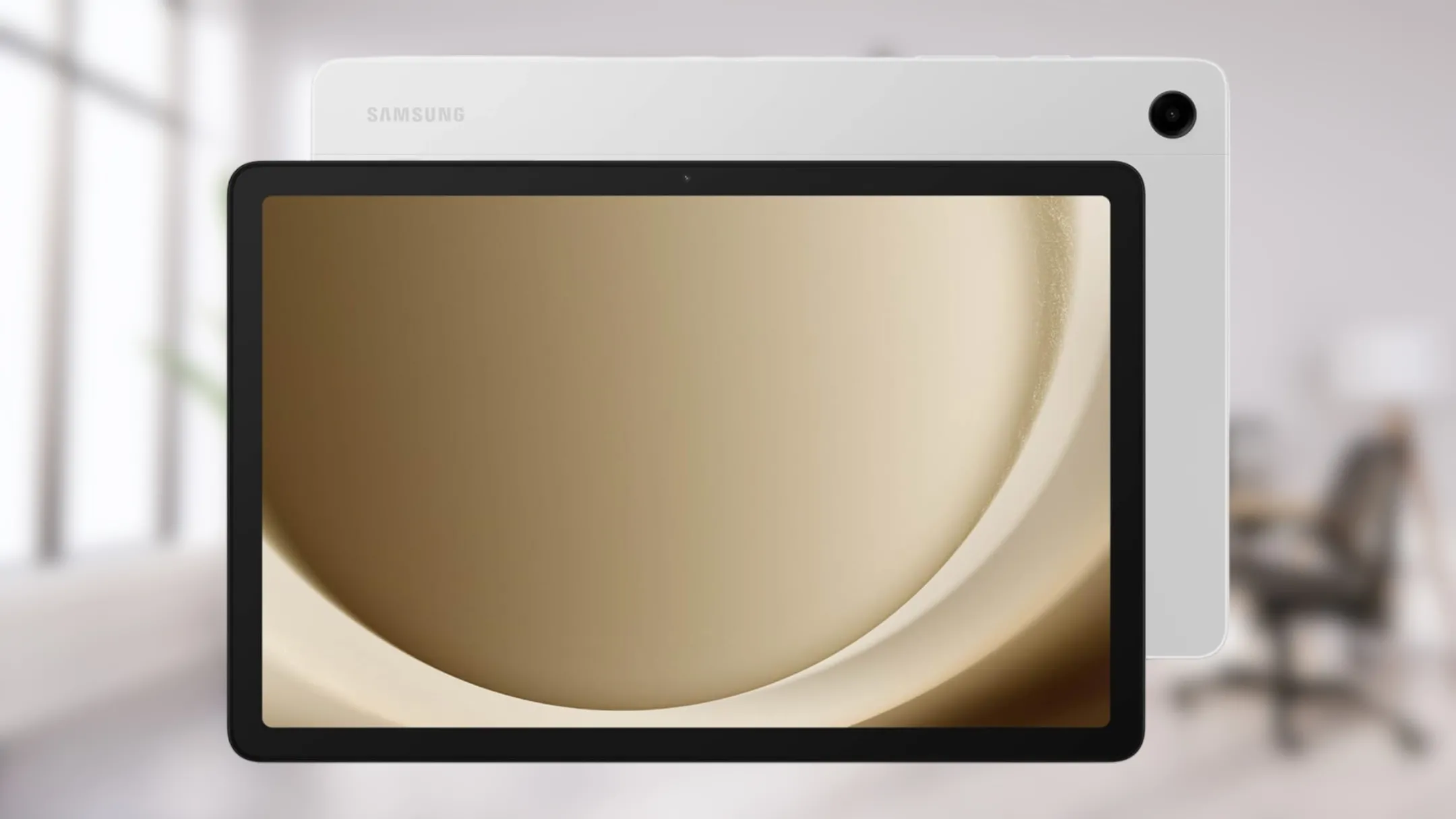 Máy tính bảng Samsung Galaxy Tab A9+ màu xám đặt trên mặt phẳng