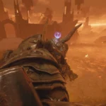 Mech Atlan nổi bật trên nền dung nham trong Doom: The Dark Ages, cho thấy vị trí bí mật trên vai.