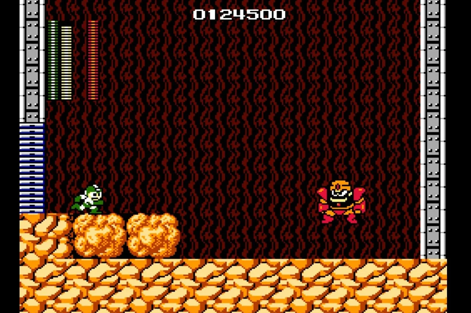Mega Man đang chiến đấu với một con boss trong game Mega Man trên NES