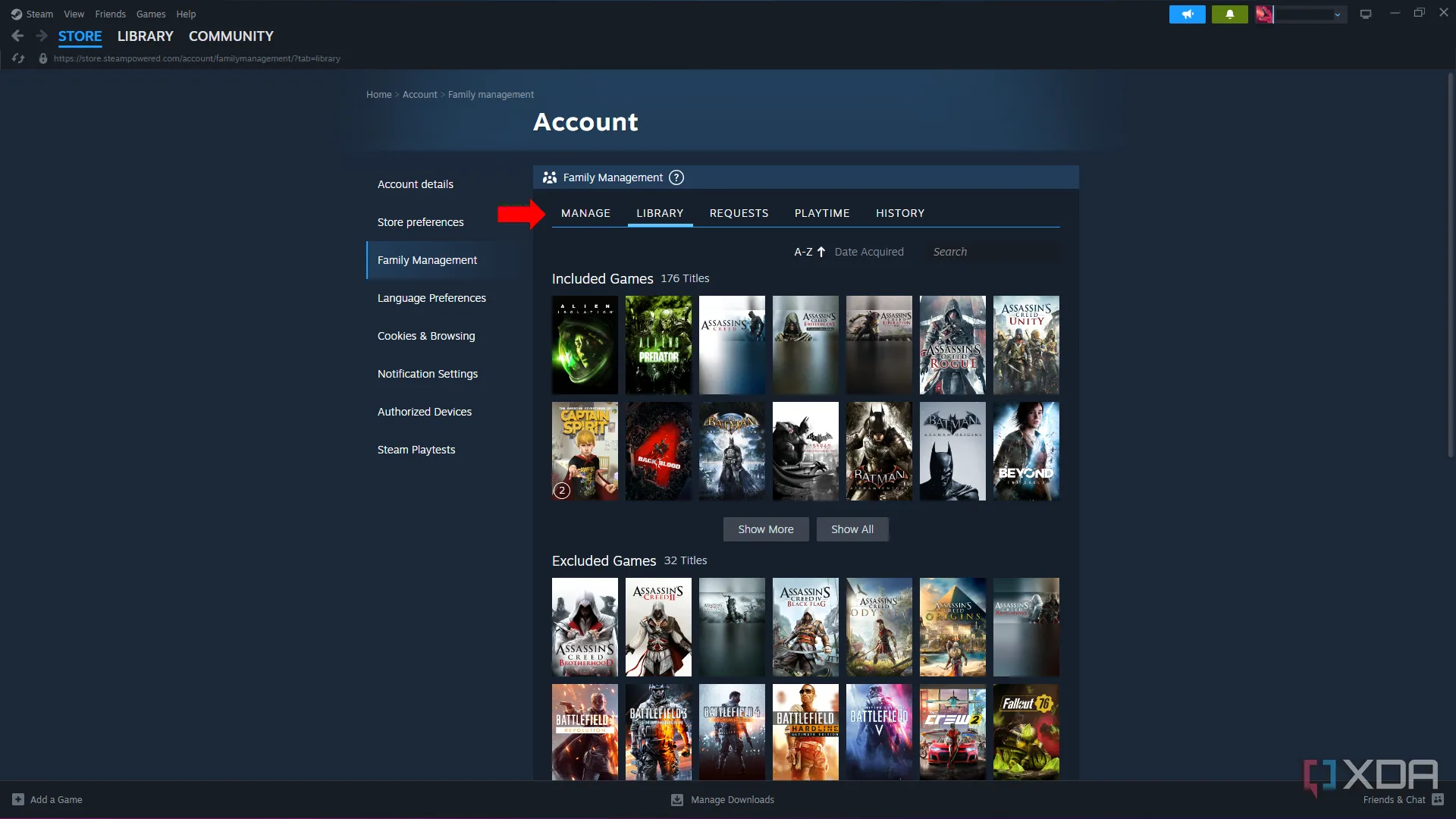 Menu chia sẻ gia đình trong cài đặt Quản lý gia đình Steam