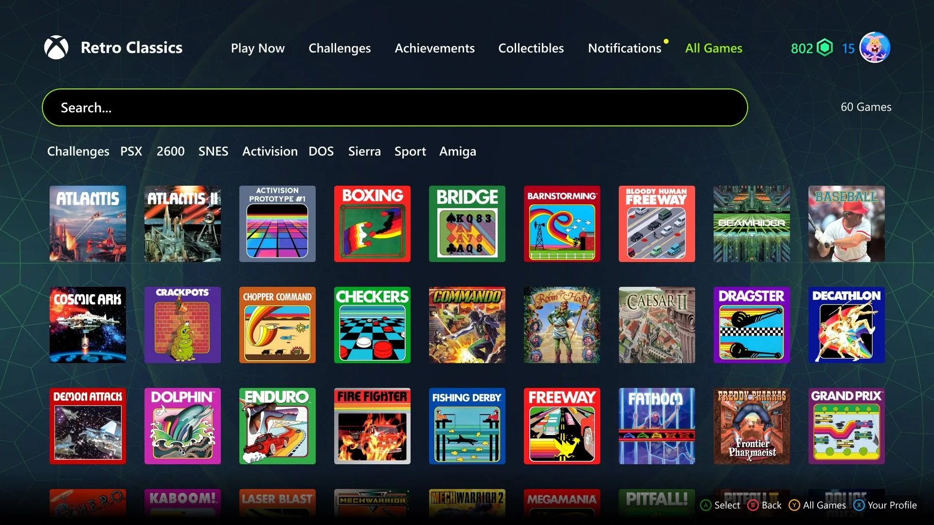 Menu lựa chọn game trong bộ sưu tập Retro Classics, hiển thị nhiều tựa game cổ điển có sẵn trên Game Pass.