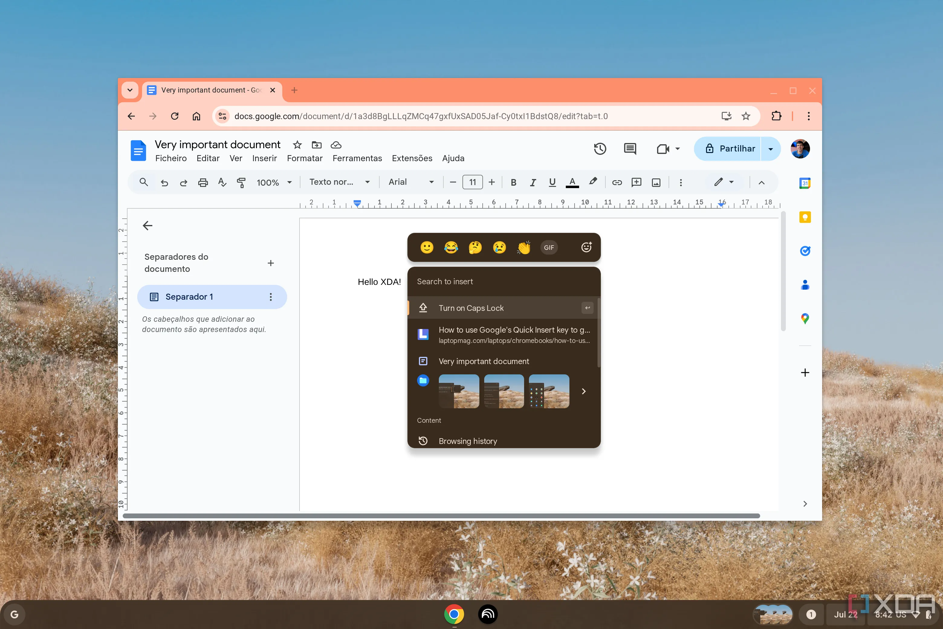 Menu Quick Insert trên ChromeOS hiển thị gợi ý chèn nội dung vào tài liệu Google Docs.