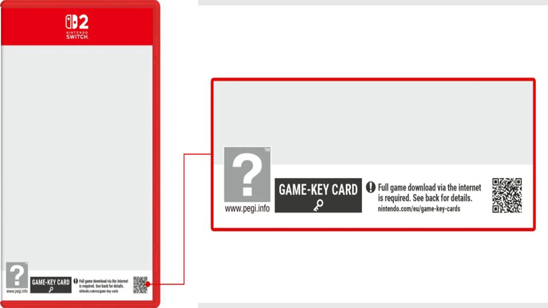 Minh họa thông tin chi tiết về thẻ Game-Key của Nintendo Switch 2, bao gồm dung lượng tải xuống cần thiết