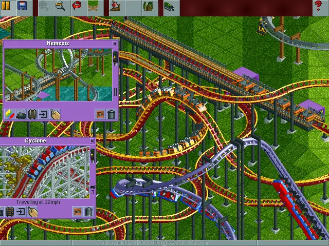 Một bản dựng rất sớm của RollerCoaster Tycoon cho thấy khung cảnh công viên và tàu lượn trước khi thêm nhân vật