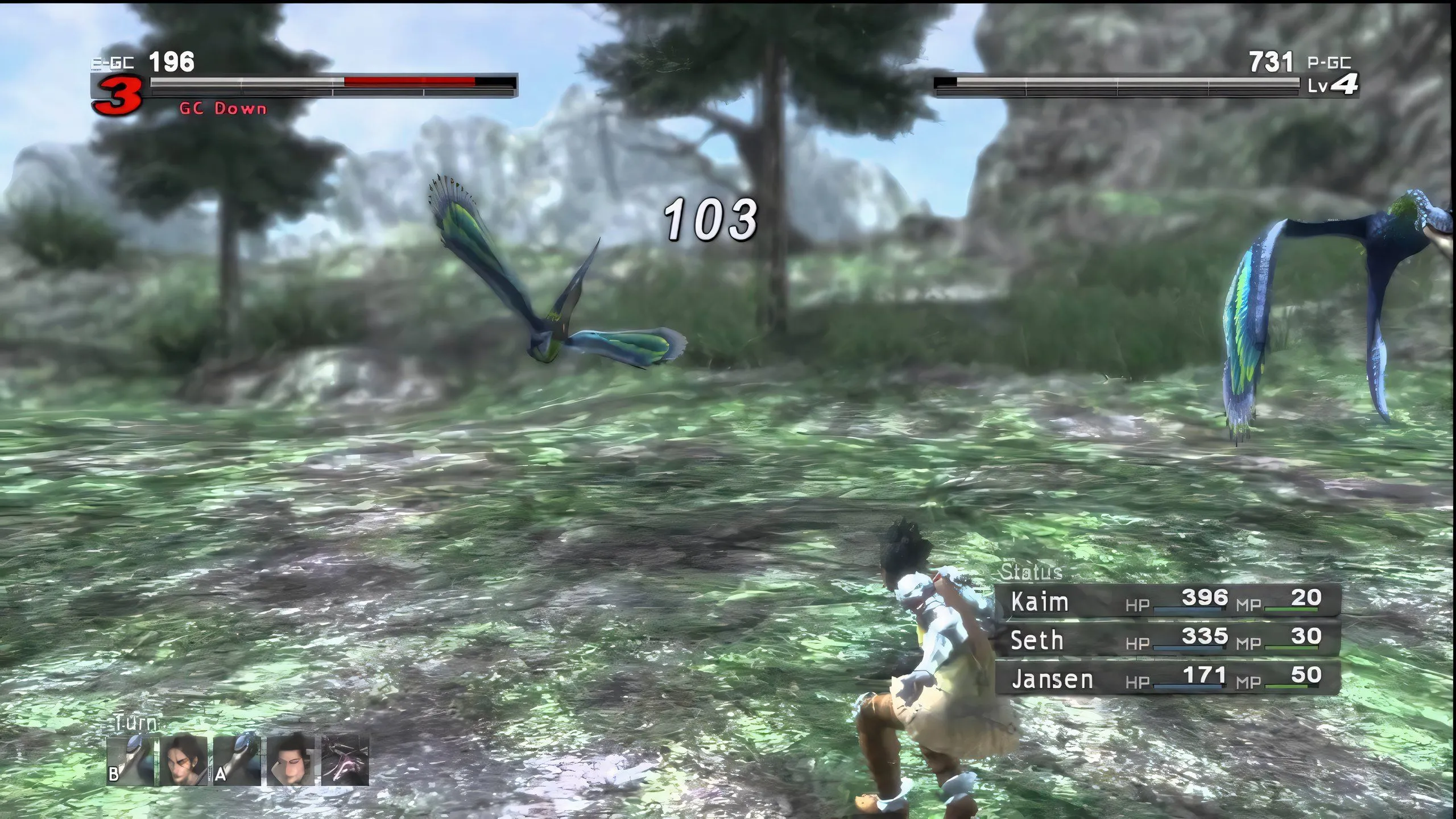 Một cảnh chiến đấu theo lượt truyền thống trong Lost Odyssey, thể hiện đồ họa thời điểm ra mắt